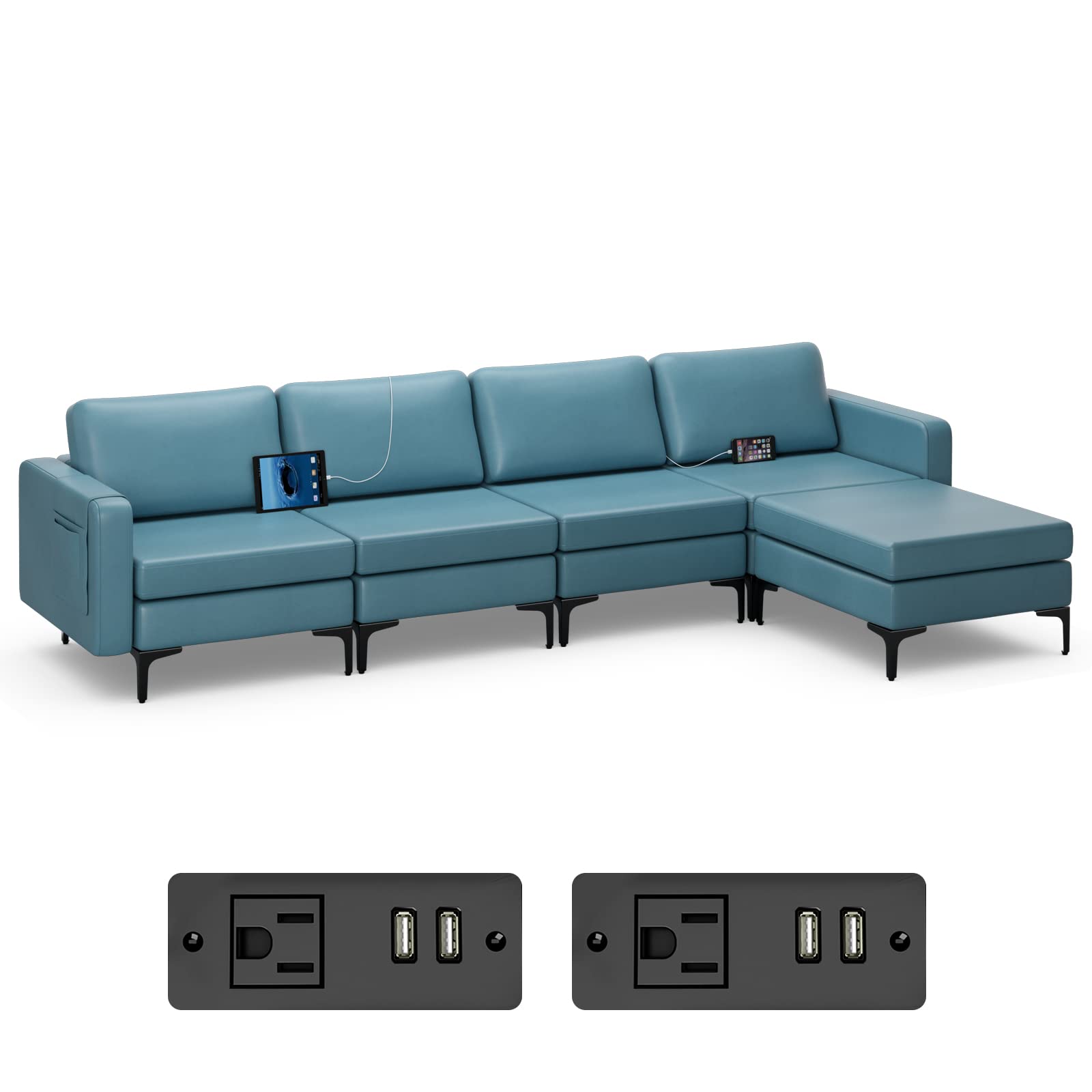 Giantex 4 Seat Convertible Sofa Couch, 123" L Sectional Sleeper with 2 or 1 USB Ports Socket 