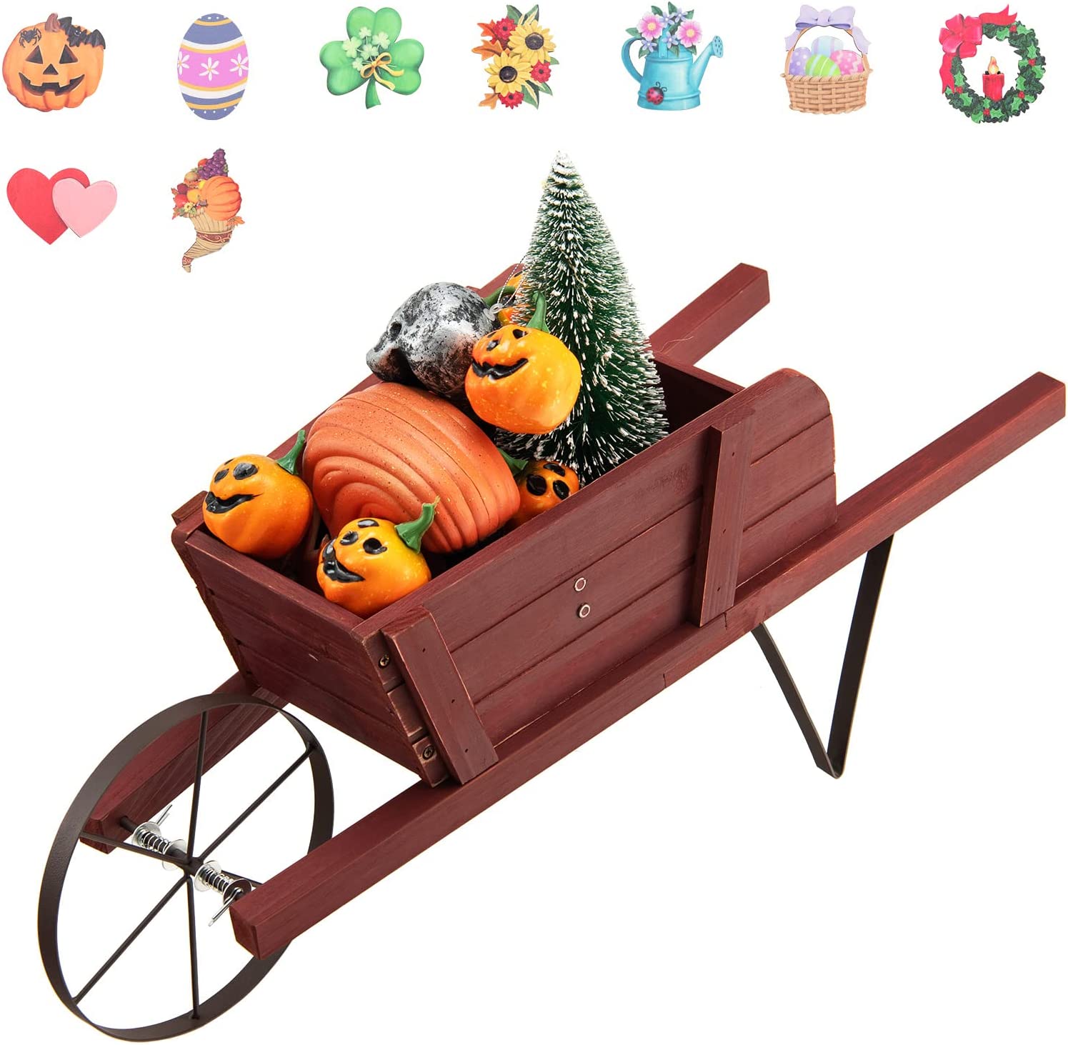 Giantex Wooden Wagon Planter, Small Wheelbarrow Wagon Flower, Indoor & Outdoor Raised Bed 