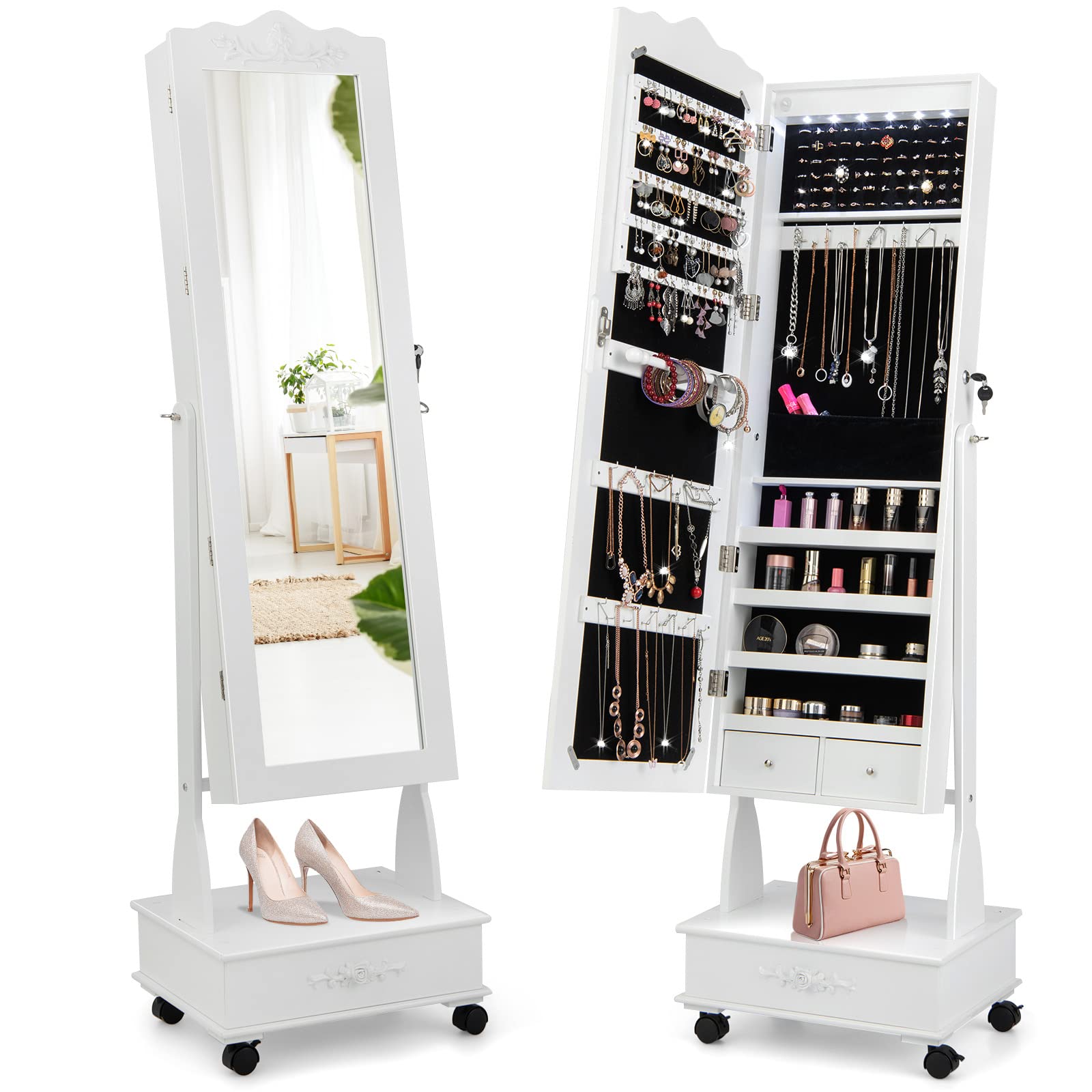 CHARMAID 6 LEDs Rolling Jewelry Cabinet with High Full Length Mirror, Lockable Standing Jewelry Armoire with Wheels 