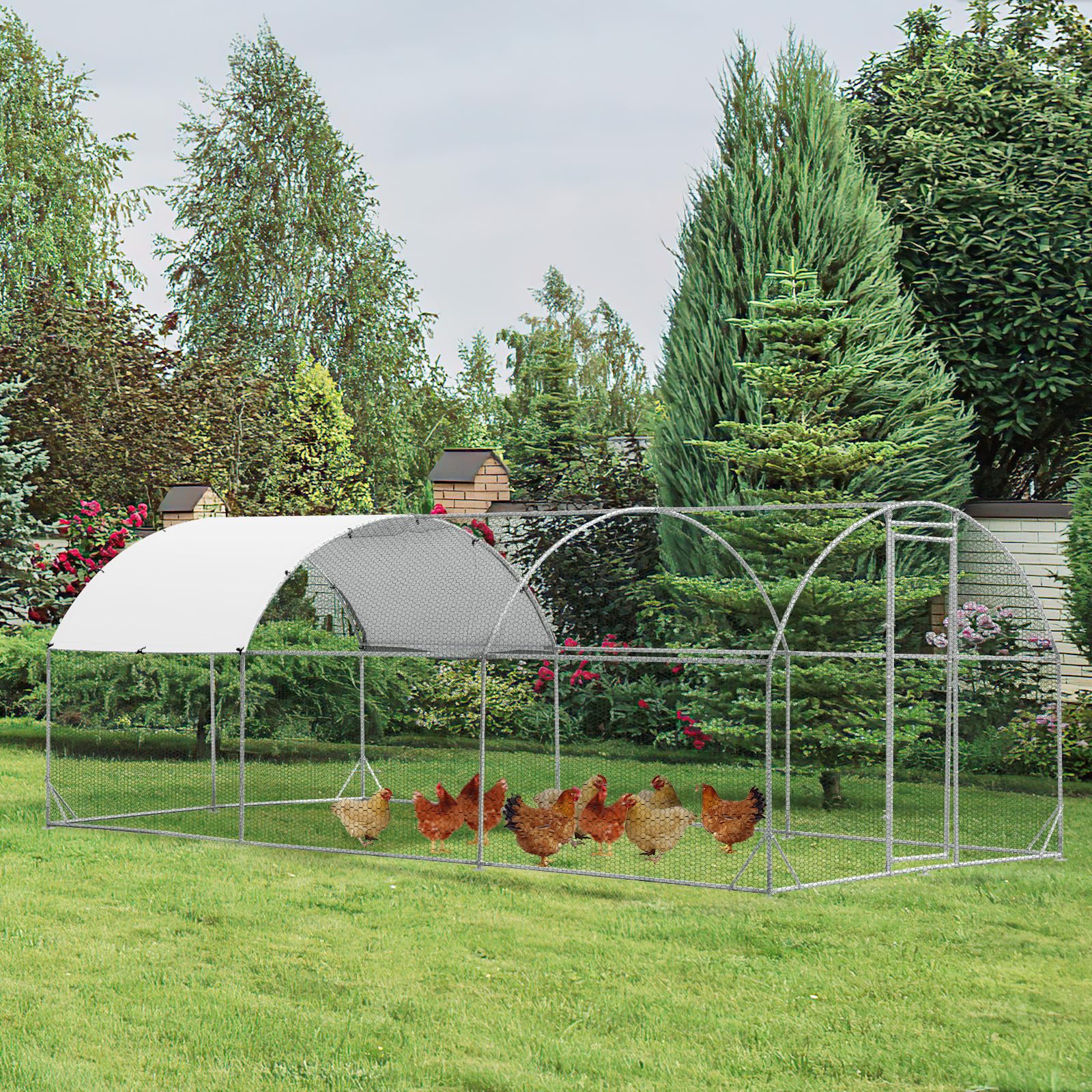 Giantex Metal Chicken Coop, Galvanized Walk-in Chicken Run with Waterproof PE Cover, Dome 