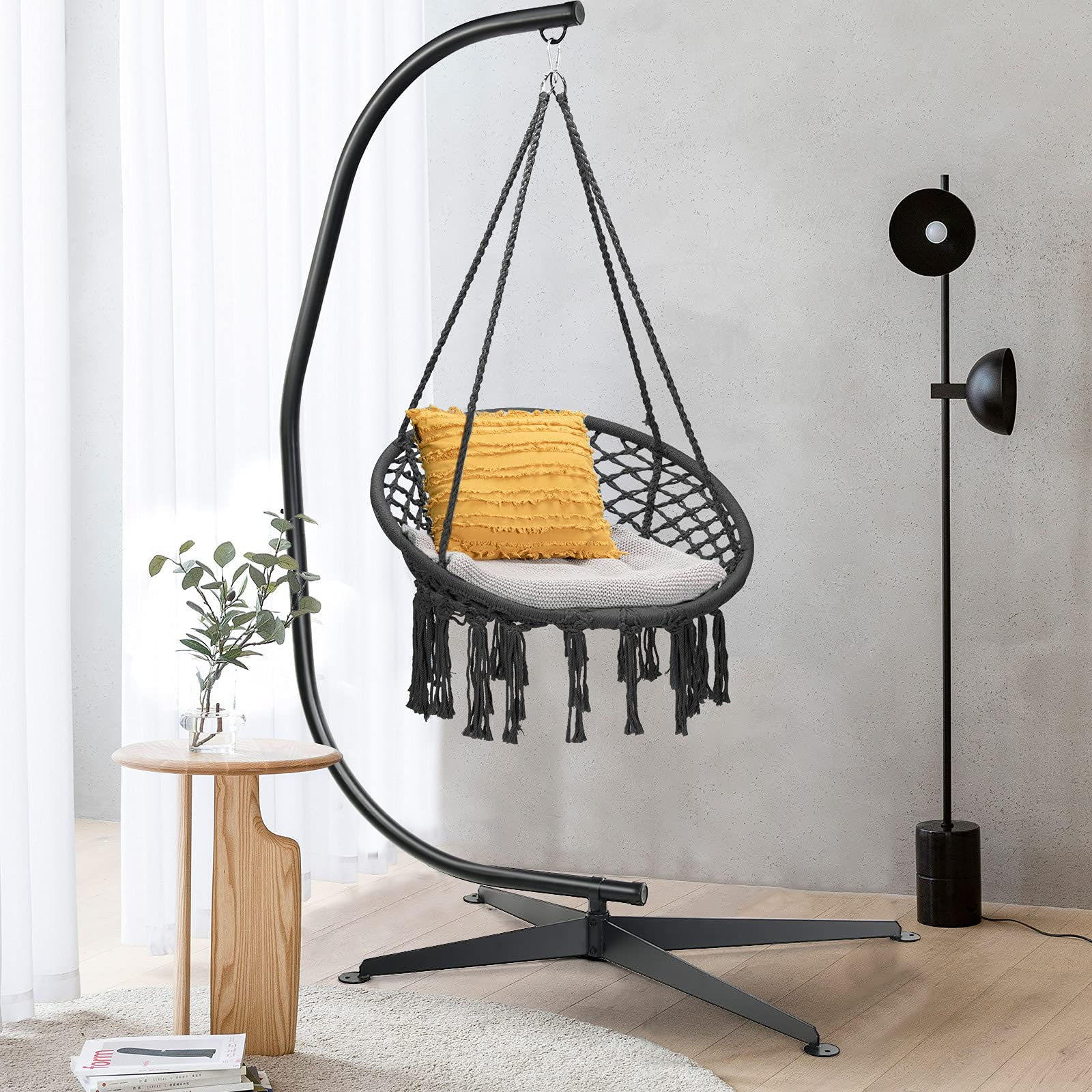 Giantex Hammock Chair with Stand, Solid Steel Heavy Duty C Stand with Macrame Hanging Chair 