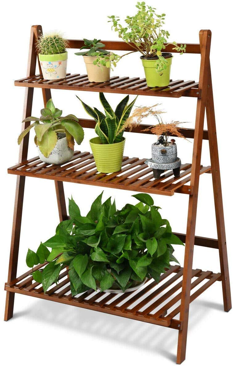 Giantex 3 Tier Folding Storage Shelf, Bamboo Ladder Plant Stand 