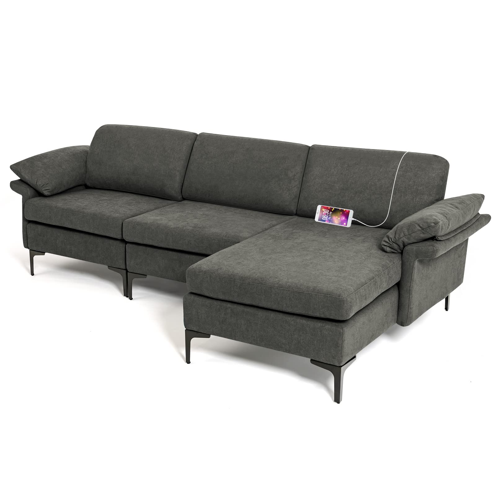 Giantex 100.5" L Convertible Sofa Couch, 3-Seat Sectional Sleeper with USB Ports & Socket 