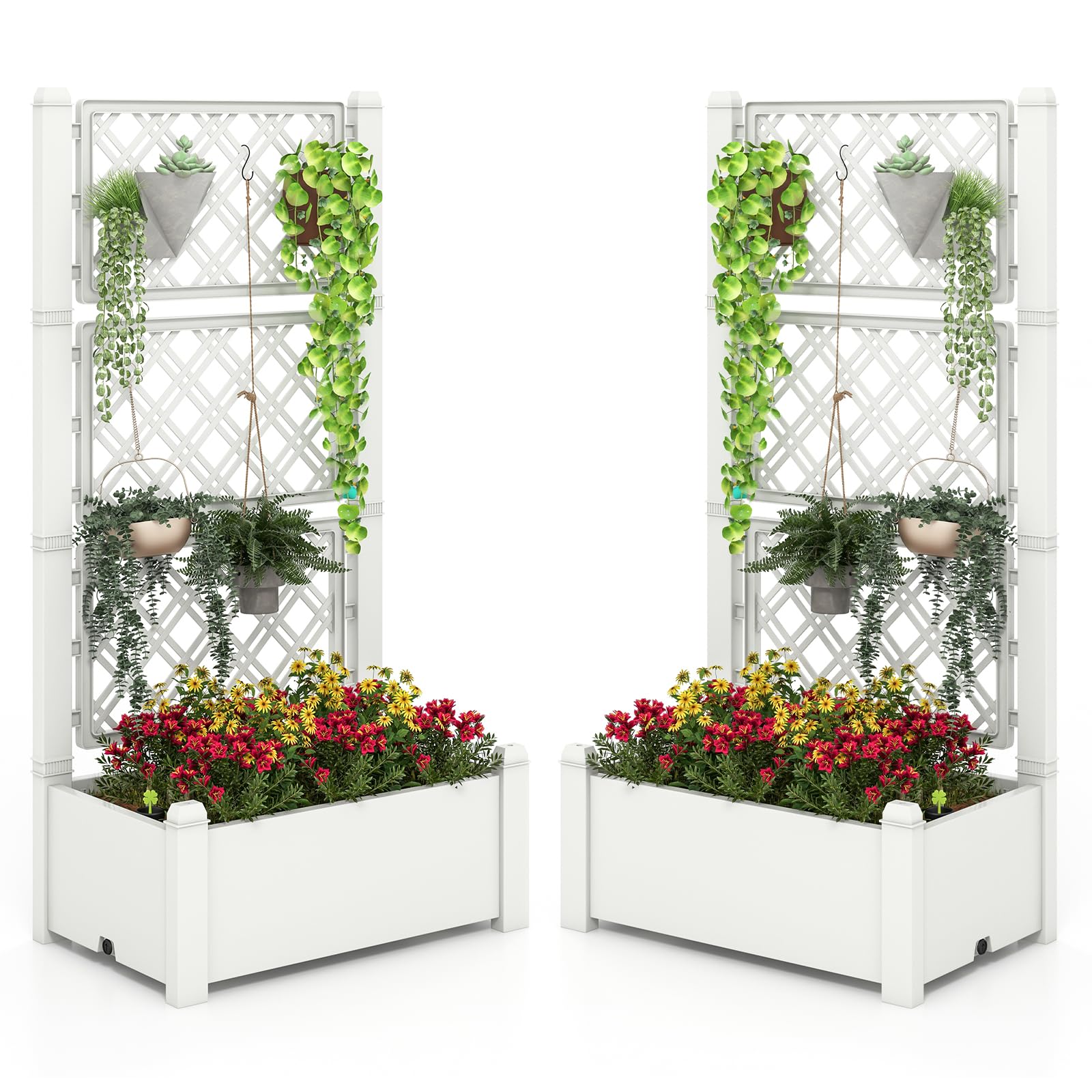 Giantex Raised Garden Bed with Trellis 59”, Self-Watering Planter Box with Water Level Indicator & Removable Space Dividers 