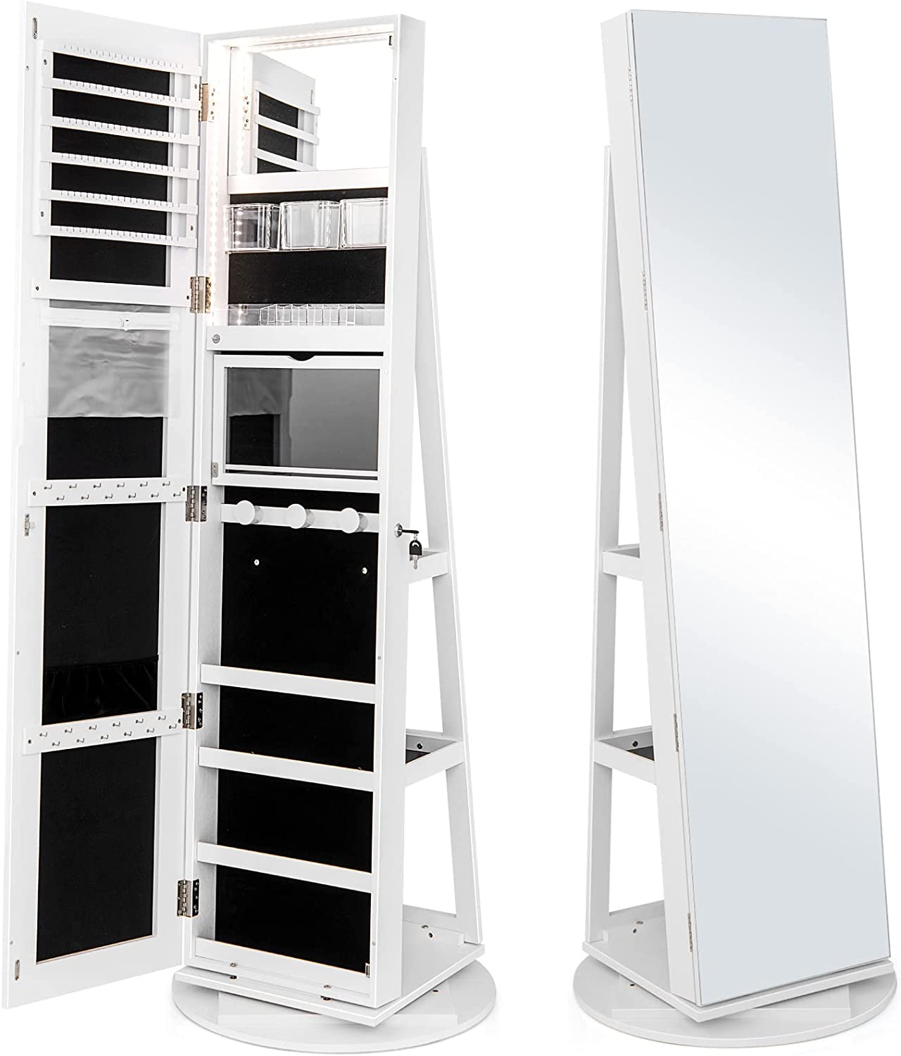 CHARMAID 63.5"H Jewelry Armoire with Full Length Mirror 360 Degree Swivel, 3-Color LED lights 