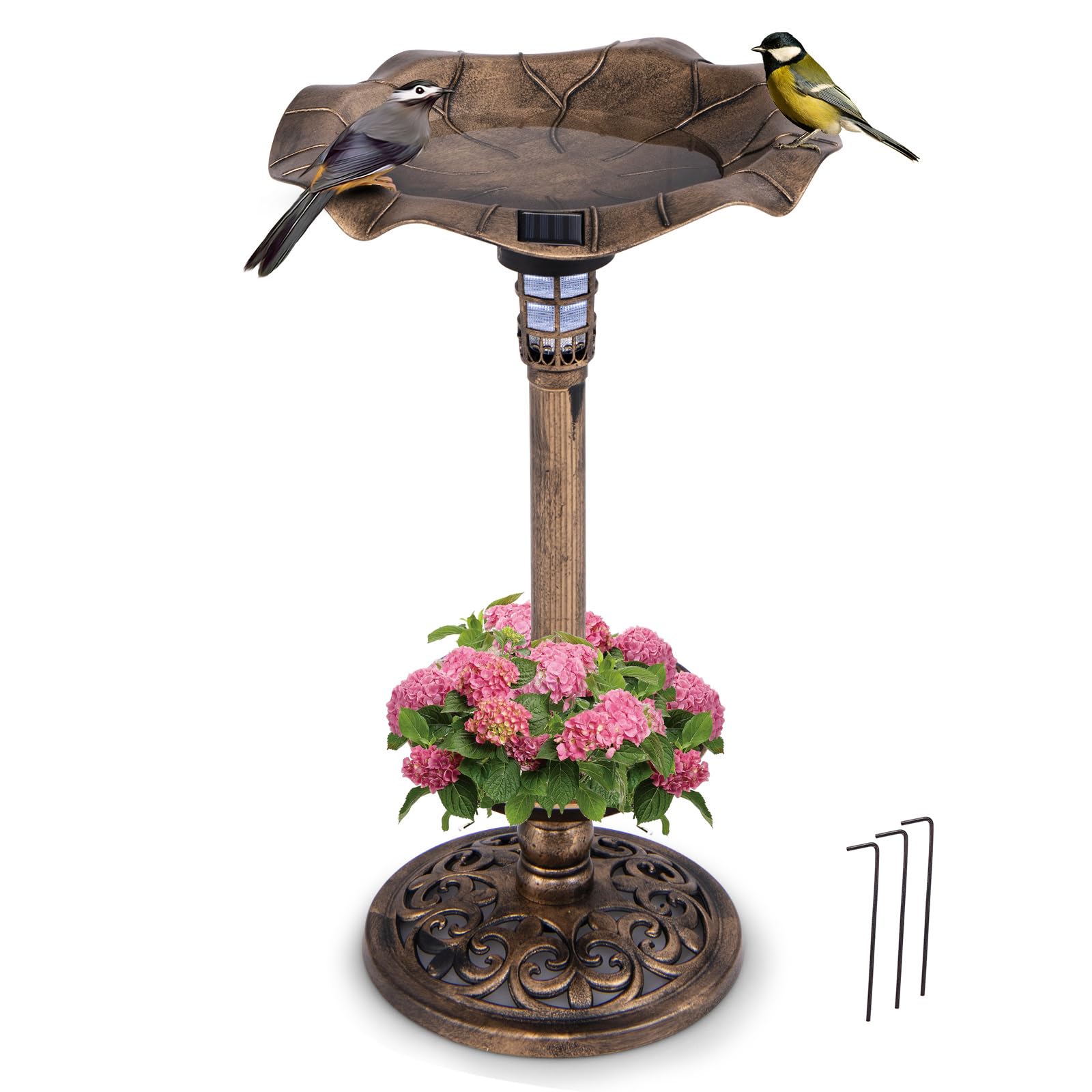 Giantex Bird Bath for Outside, 30 inch Solar Lighted Bird Bath and Feeder with Flower Planter 