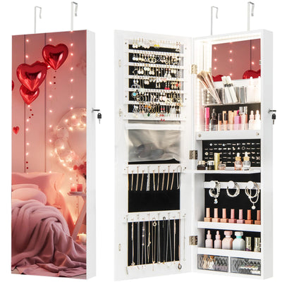 CHARMAID Mirror Jewelry Cabinet, Wall Mounted Door Hanging, Lockable Jewelry Armoire with Full Length Mirror 