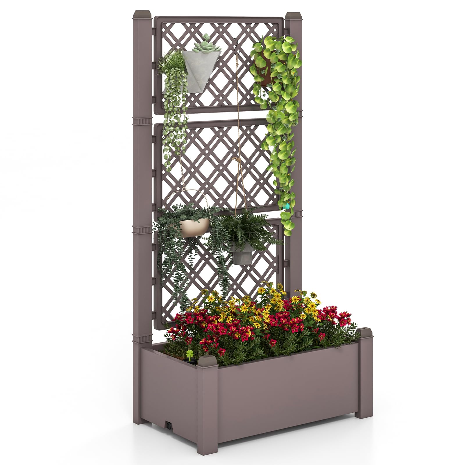 Giantex Raised Garden Bed with Trellis 59”, Self-Watering Planter Box with Water Level Indicator & Removable Space Dividers 