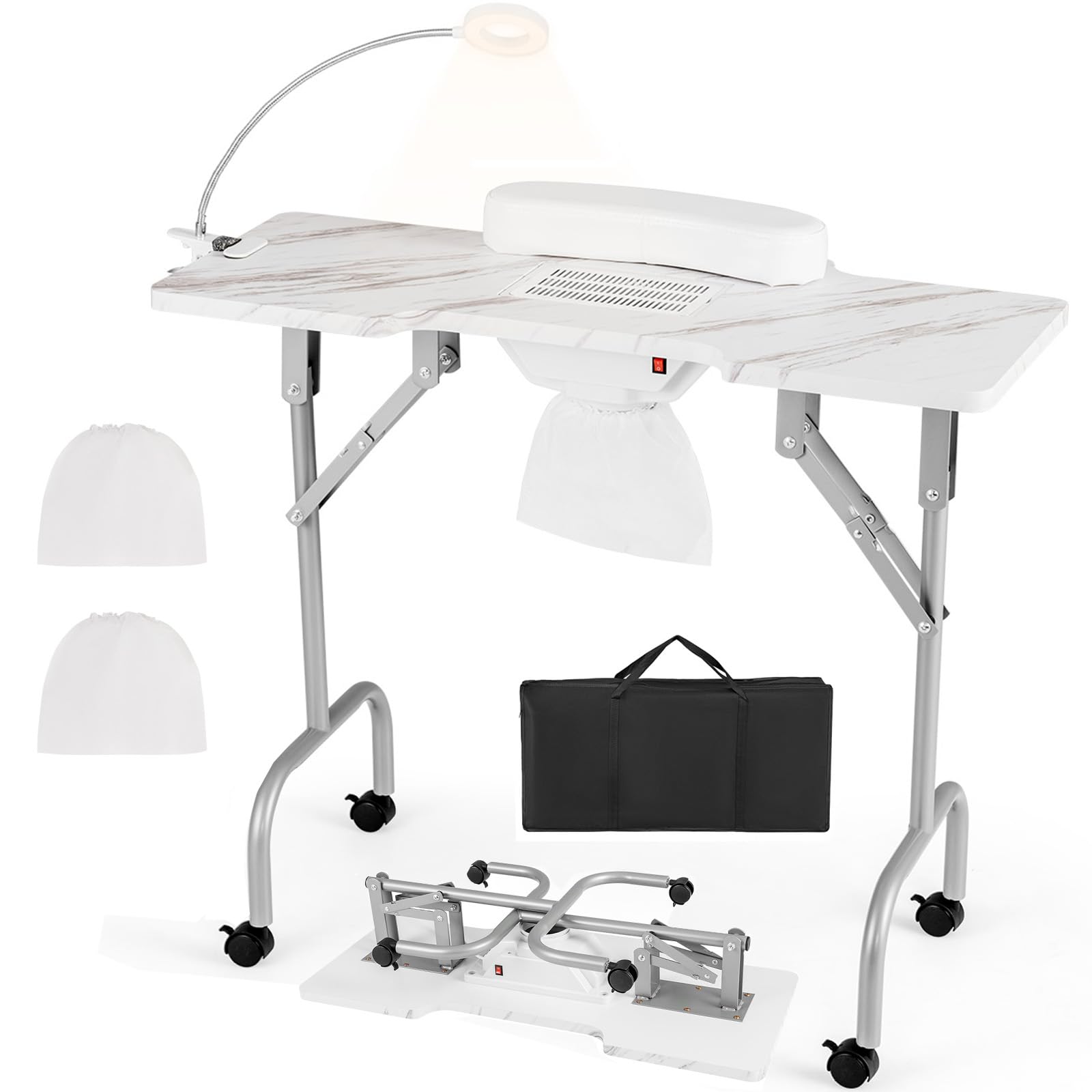 Giantex Foldable Nail Desk - Manicure Table with Built-in Dust Collector Fan, Adjustable LED Lamp 