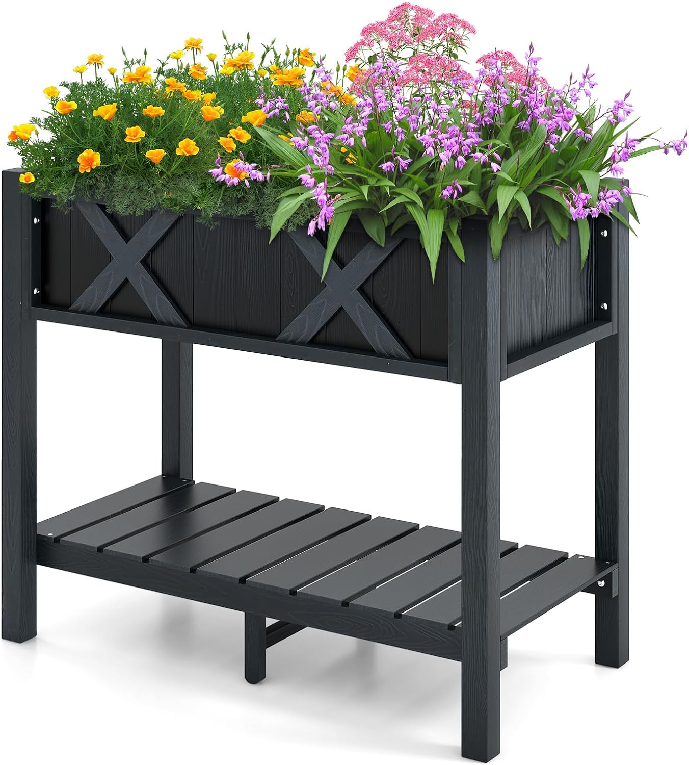 Giantex HIPS Raised Garden Bed, Elevated Planter Box w/Legs, Storage Shelf, Drain Holes 