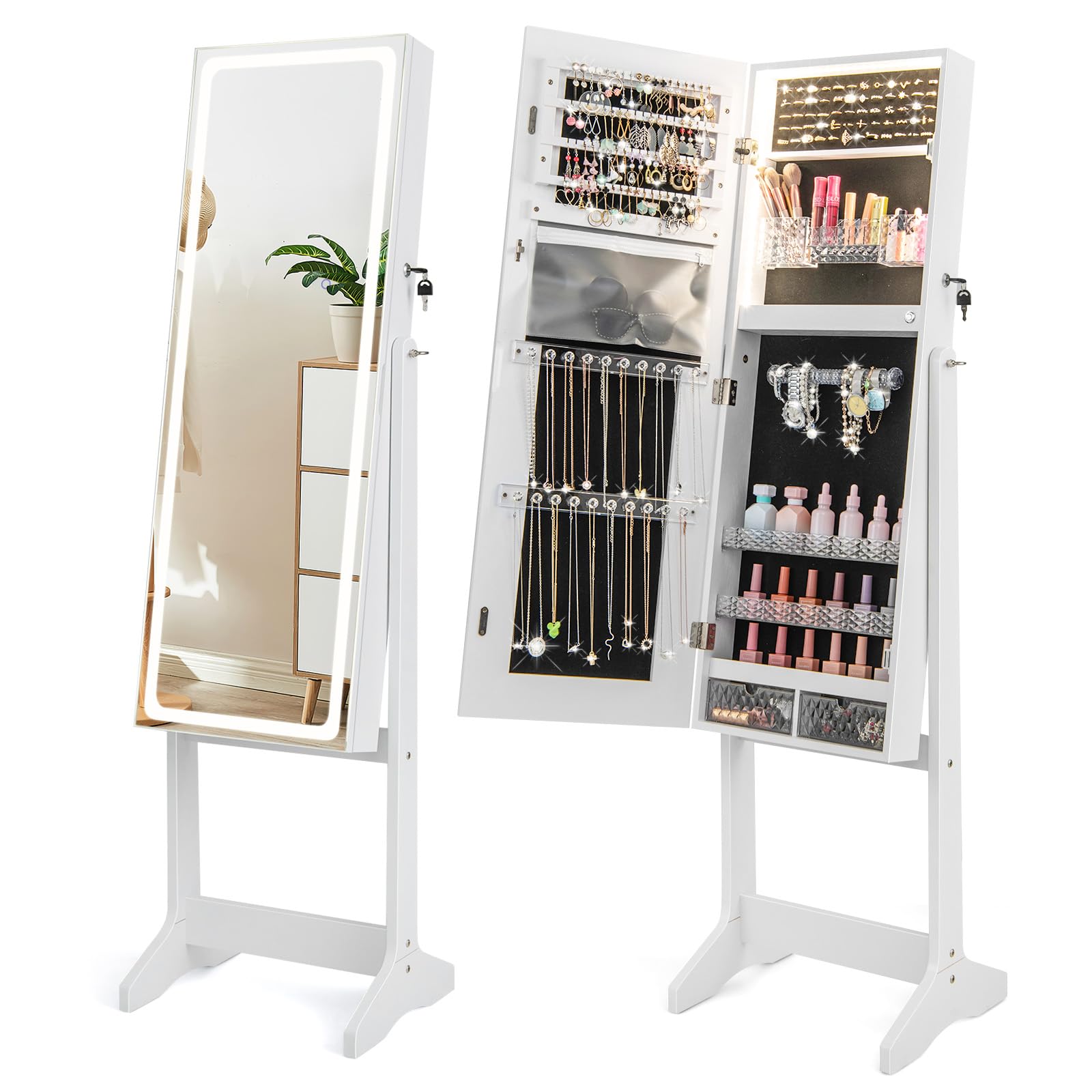 CHARMAID LED Mirror Jewelry Cabinet - Lockable Jewelry Armoire