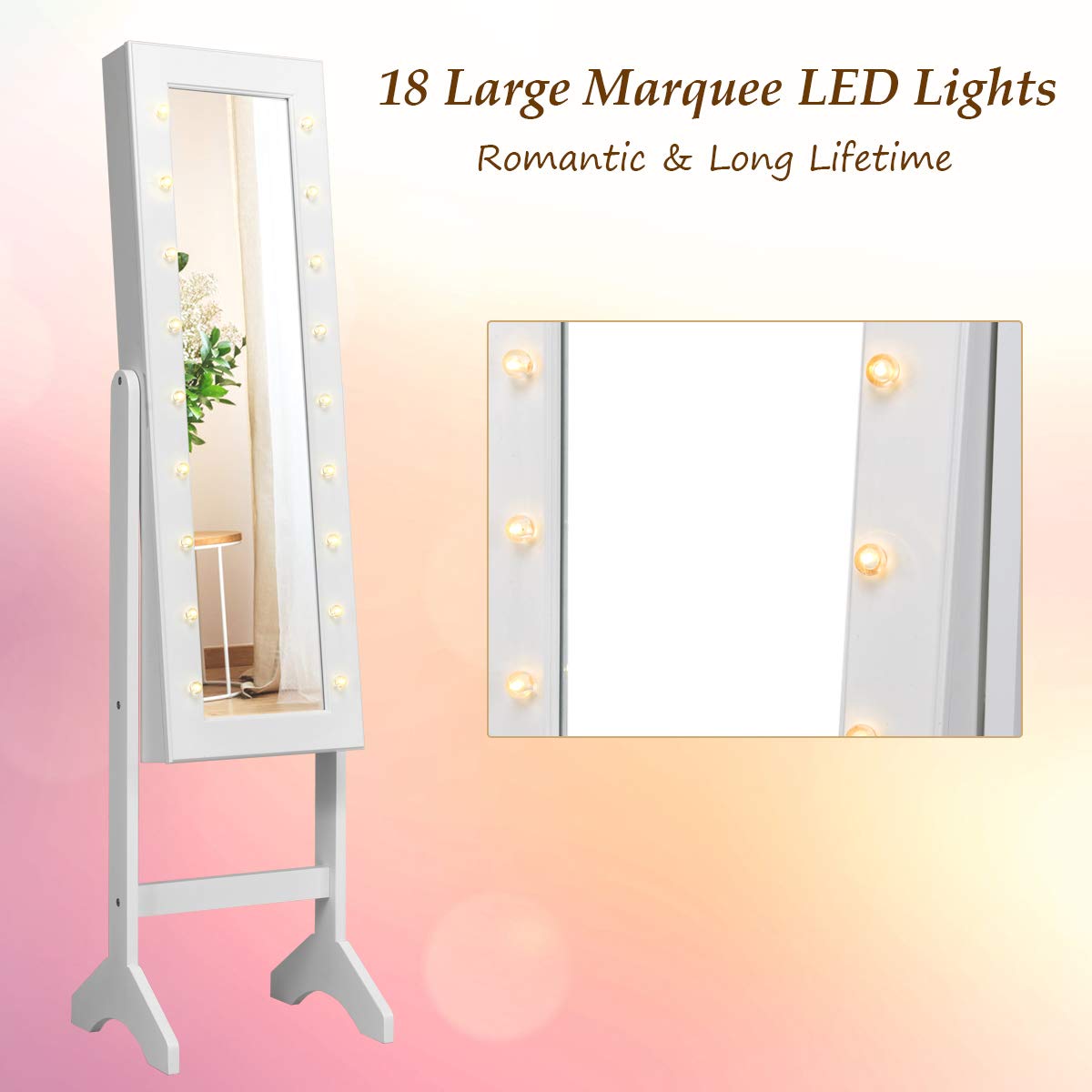 Standing Jewelry Armoire with 18 LED Lights Around the Door