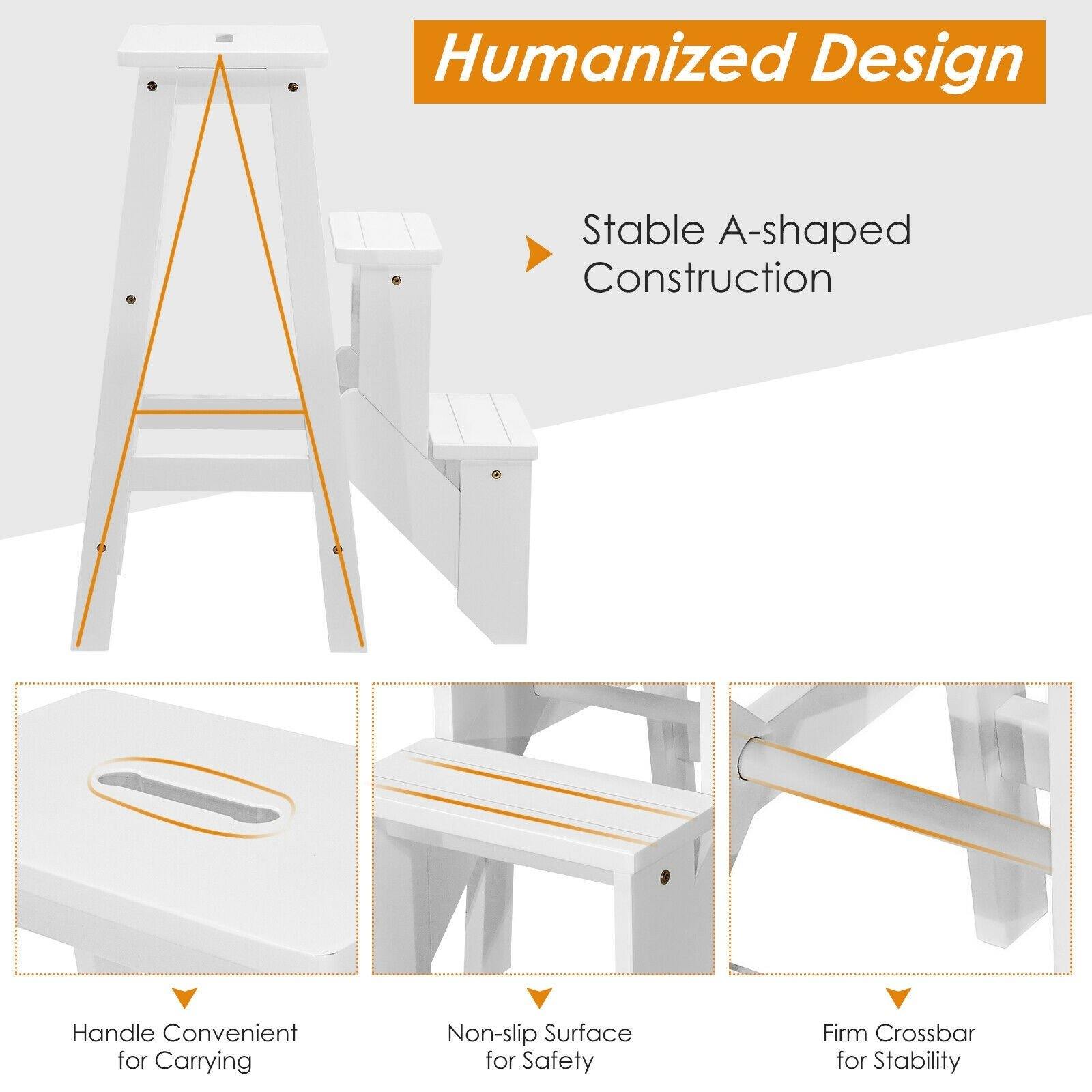 3 Tier Folding Step Ladder, Multifunction 3-in-1 Wood Step Stool 