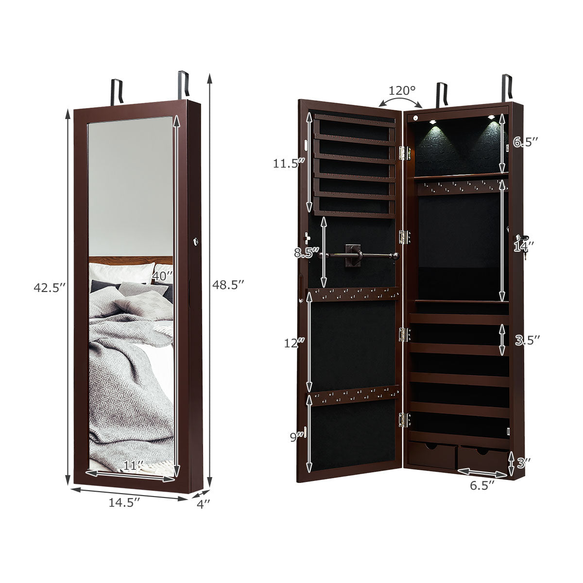 Wall/Door Mounted Jewelry Armoire Organizer with 2 LED Lights