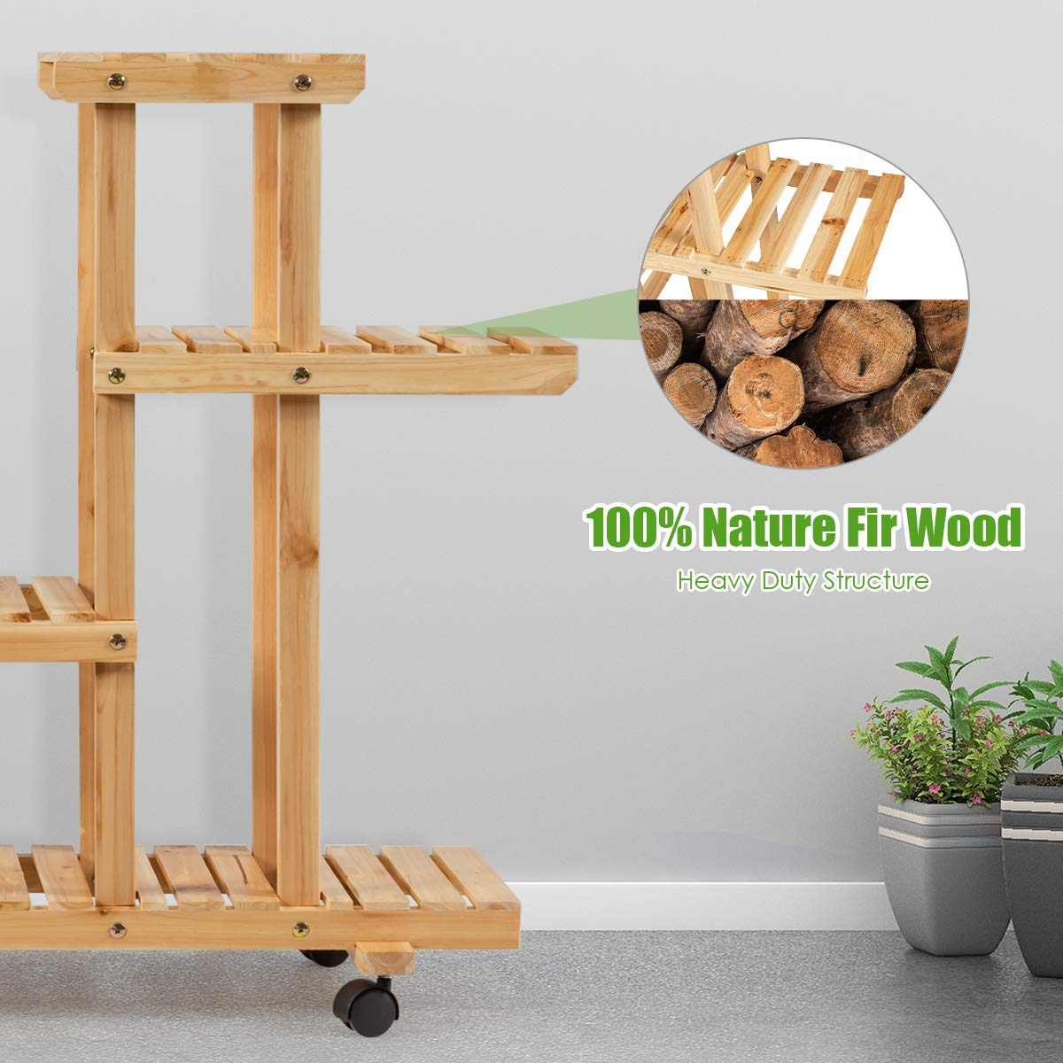 Giantex Rolling Flower Rack Wood Plant Stand on Wheels 