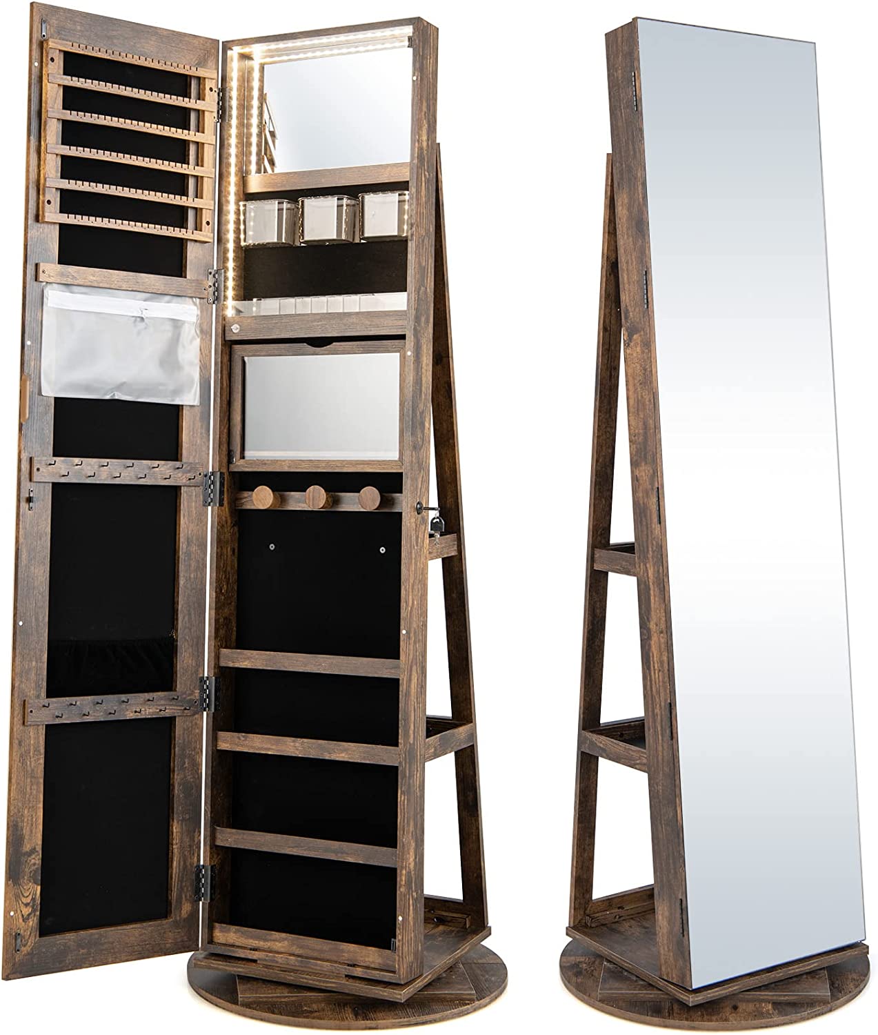 CHARMAID 63.5"H Jewelry Armoire with Full Length Mirror 360 Degree Swivel, 3-Color LED lights 