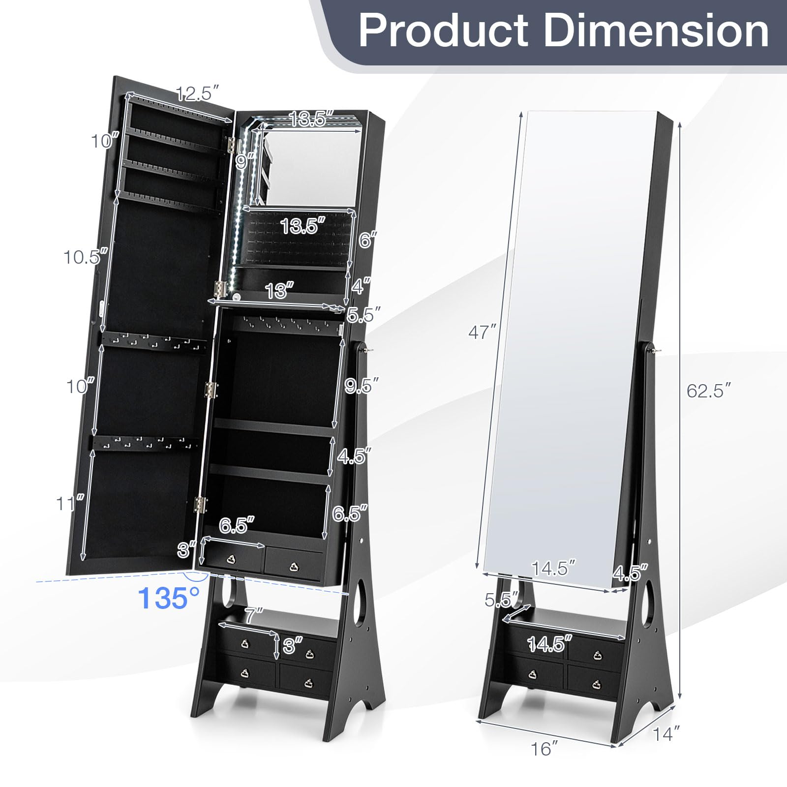 CHARMAID Jewelry Cabinet with LED Light Strip, Floor Jewelry Armoire with High Full Length Mirror 