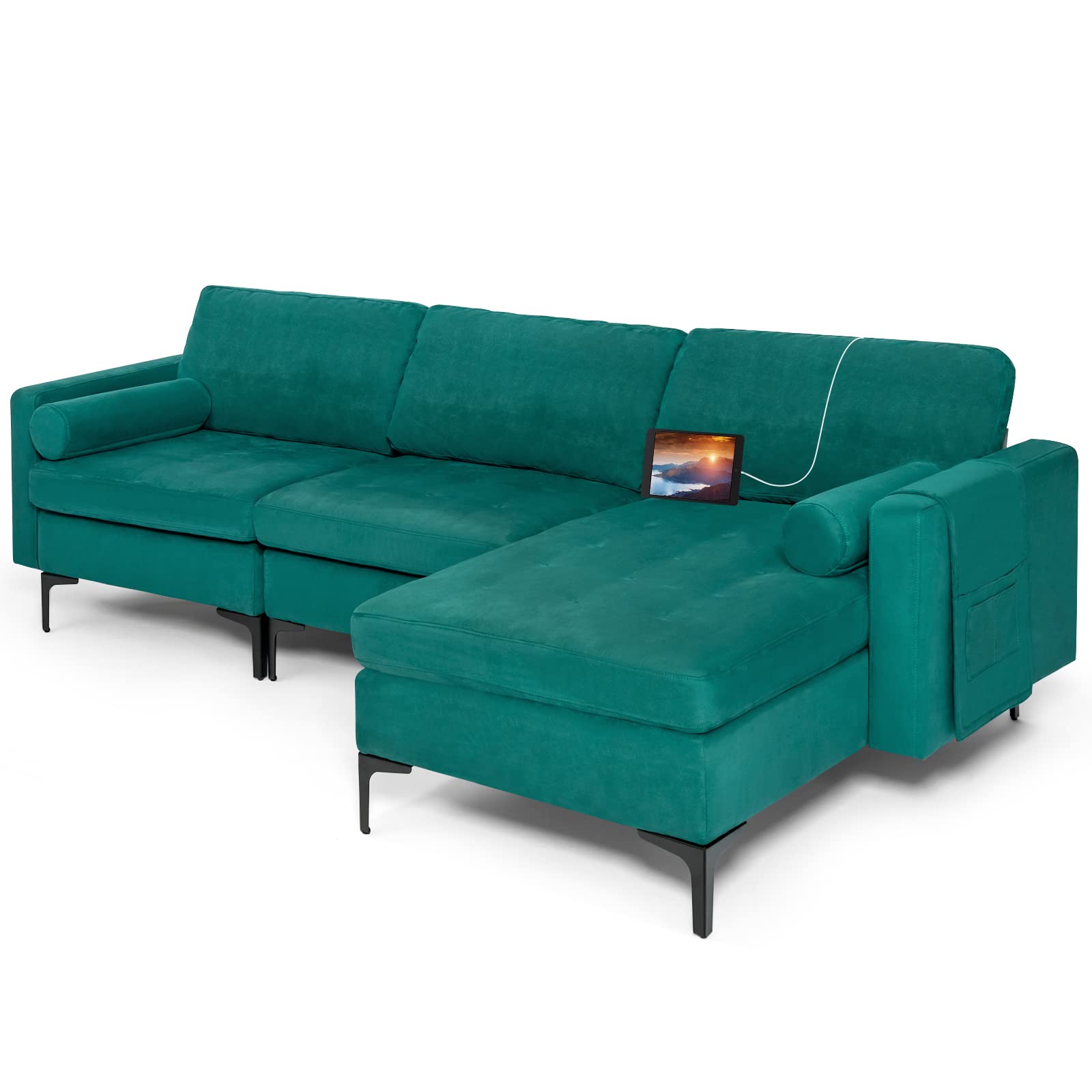 Giantex 97" Large Couch, 3 Seat Sectional Sofa Set, L-Shaped Modular Sleeper with Chaise Lounge & USB Port & Socket 