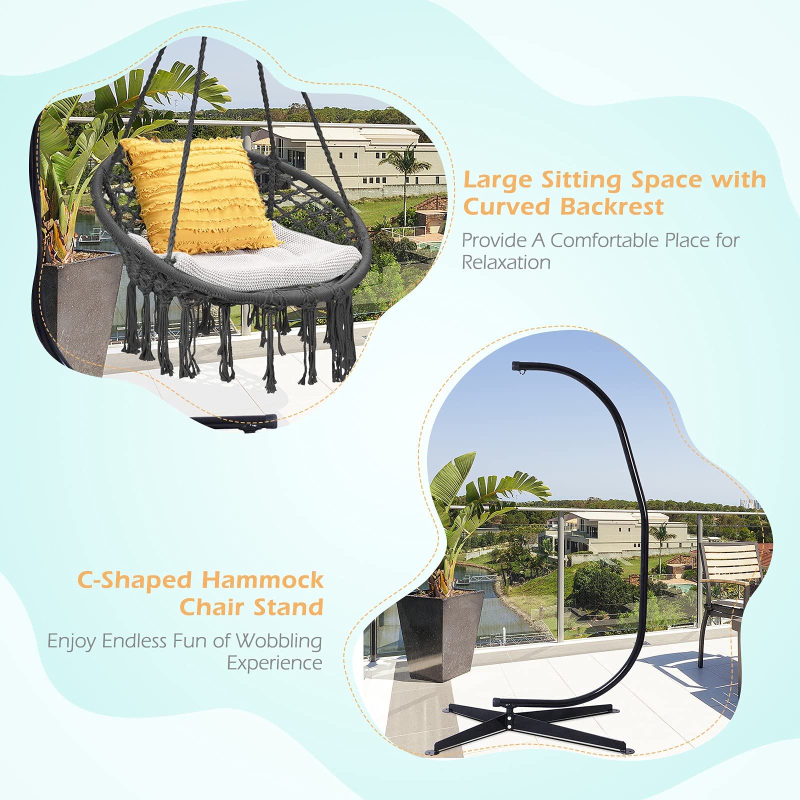 Giantex Hammock Chair with Stand, Solid Steel Heavy Duty C Stand with Macrame Hanging Chair 