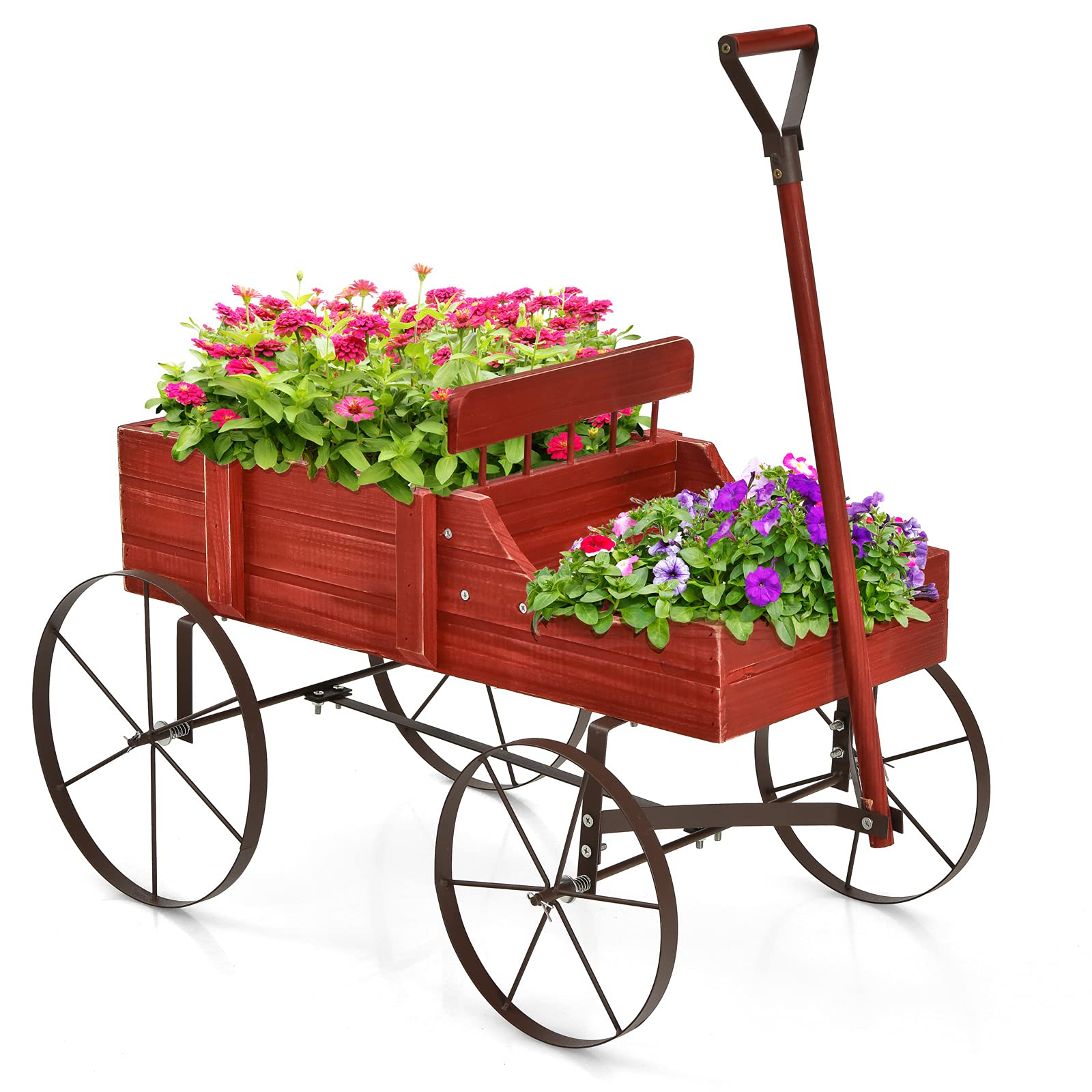 Giantex Decorative Garden Planter, Small Wagon Cart with Metal Wheels, Wood Raised Beds Plant Pot Stand for Backyard Garden Patio 24.5"x13.5"x24" 