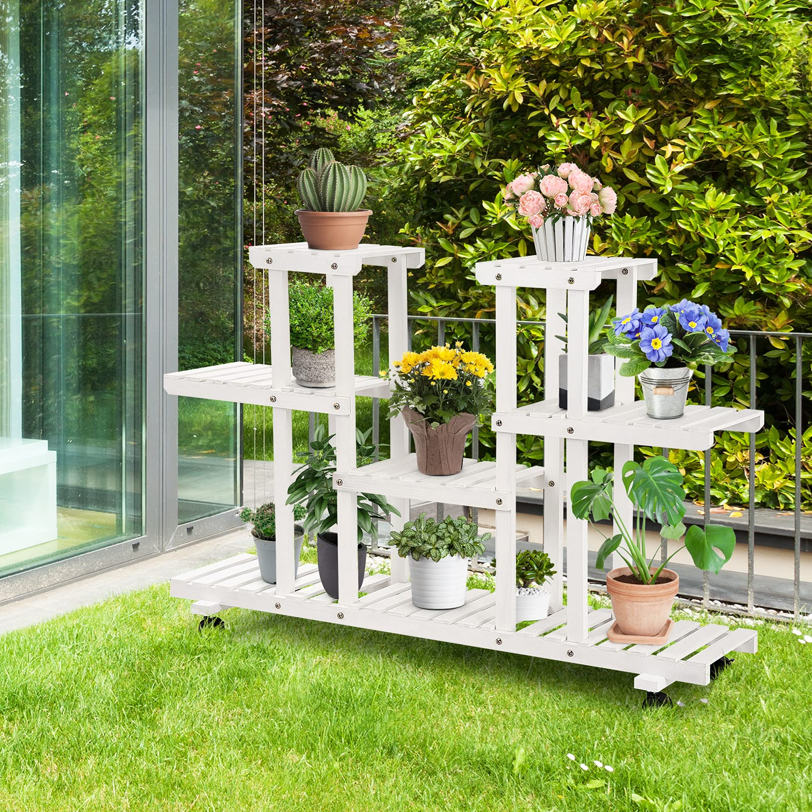 Giantex Rolling Flower Rack Wood Plant Stand on Wheels 