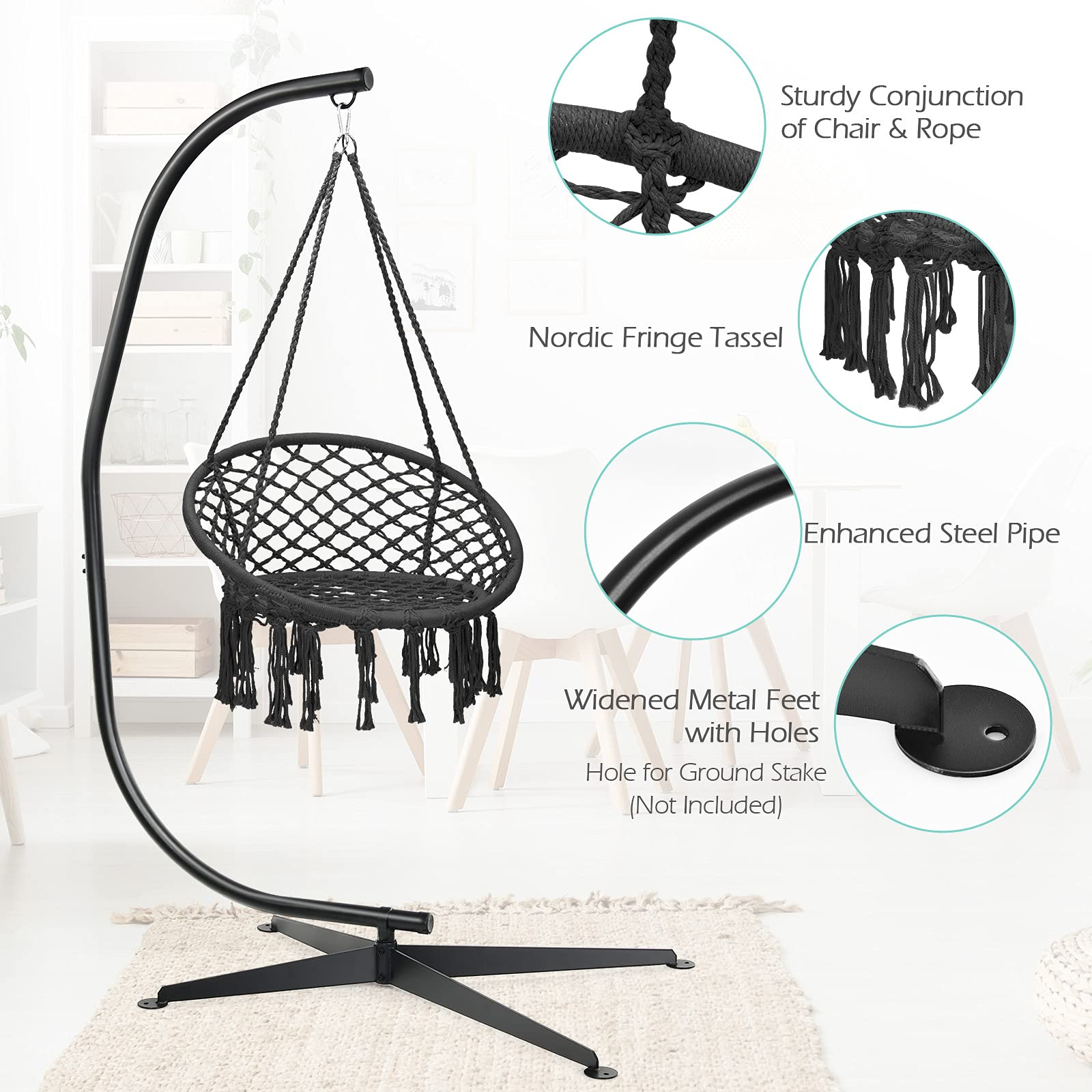Giantex Hammock Chair with Stand, Solid Steel Heavy Duty C Stand with Macrame Hanging Chair 