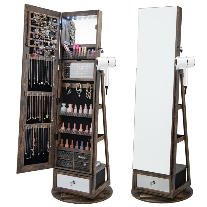 CHARMAID 360° Swivel Jewelry Cabinet Armoire with 64.5" H Full Length Mirror 
