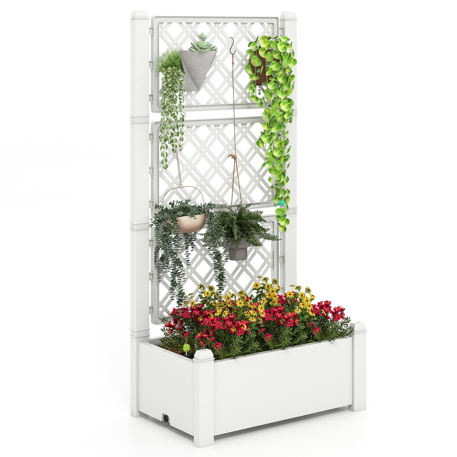 Giantex Raised Garden Bed with Trellis 59”, Self-Watering Planter Box with Water Level Indicator & Removable Space Dividers 