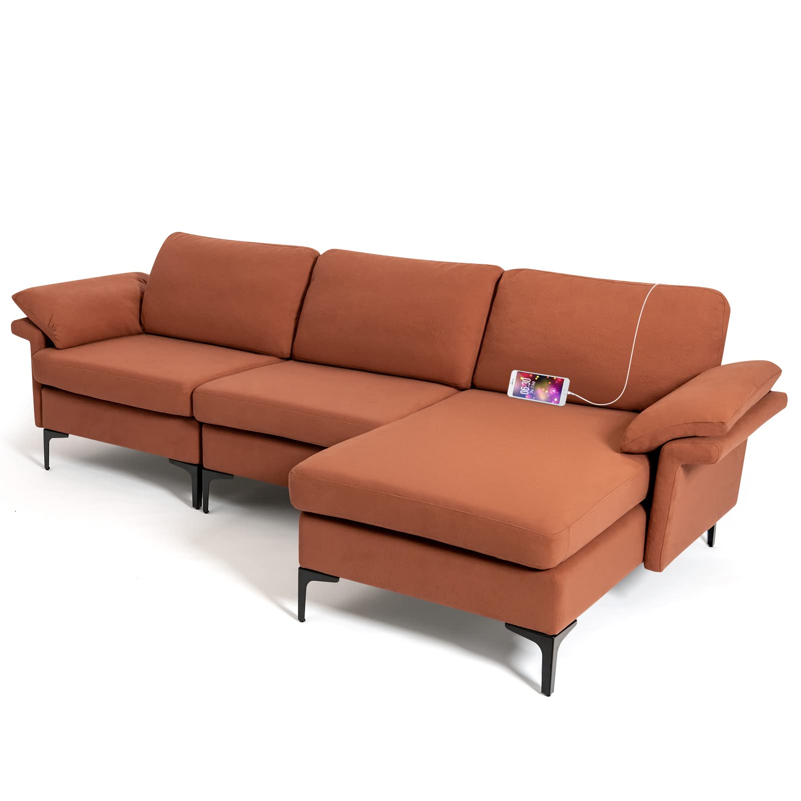 Giantex 100.5" L Convertible Sofa Couch, 3-Seat Sectional Sleeper with USB Ports & Socket 