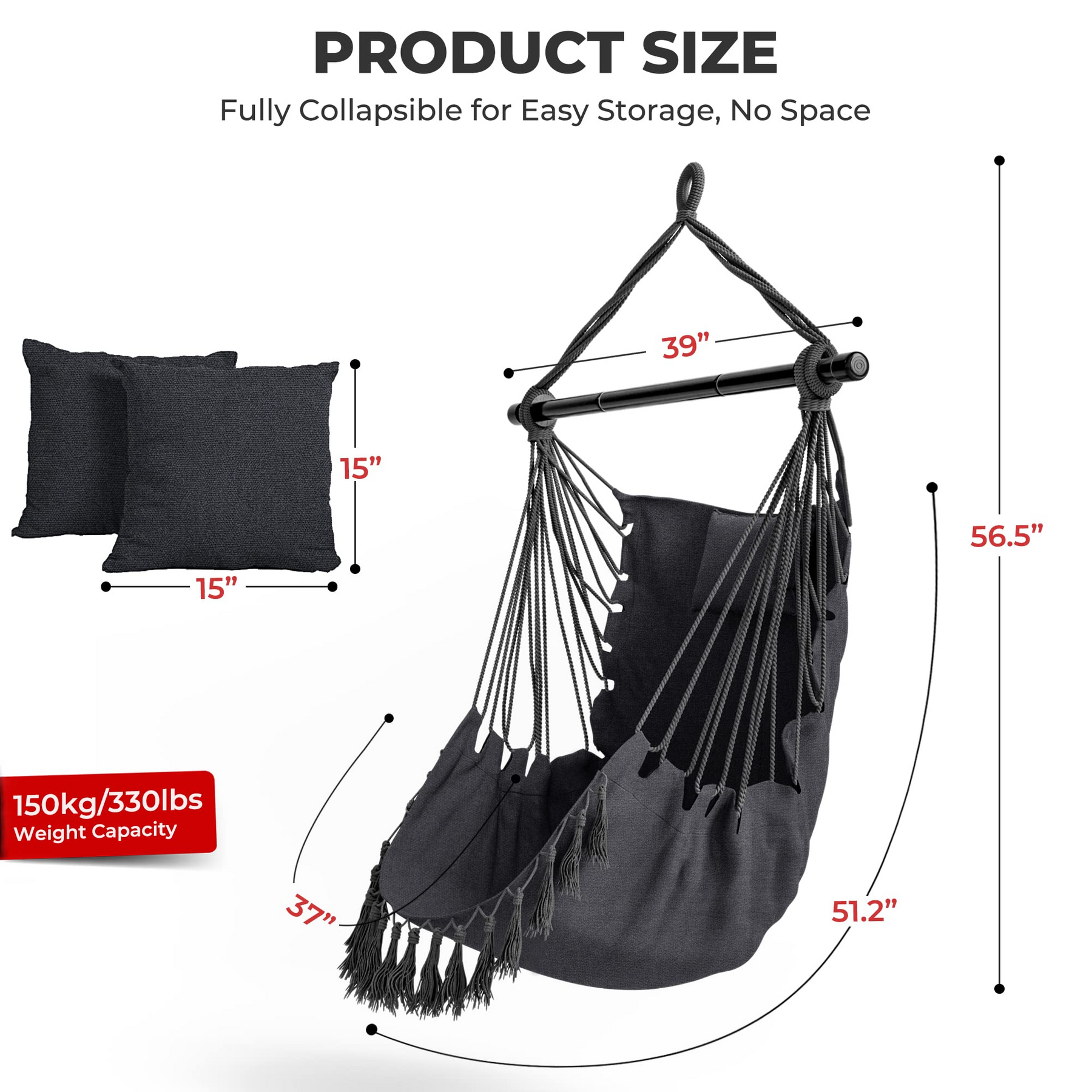 Hanging Chair Hammock Swing Chair - with Sturdy Steel Hanging Bar 