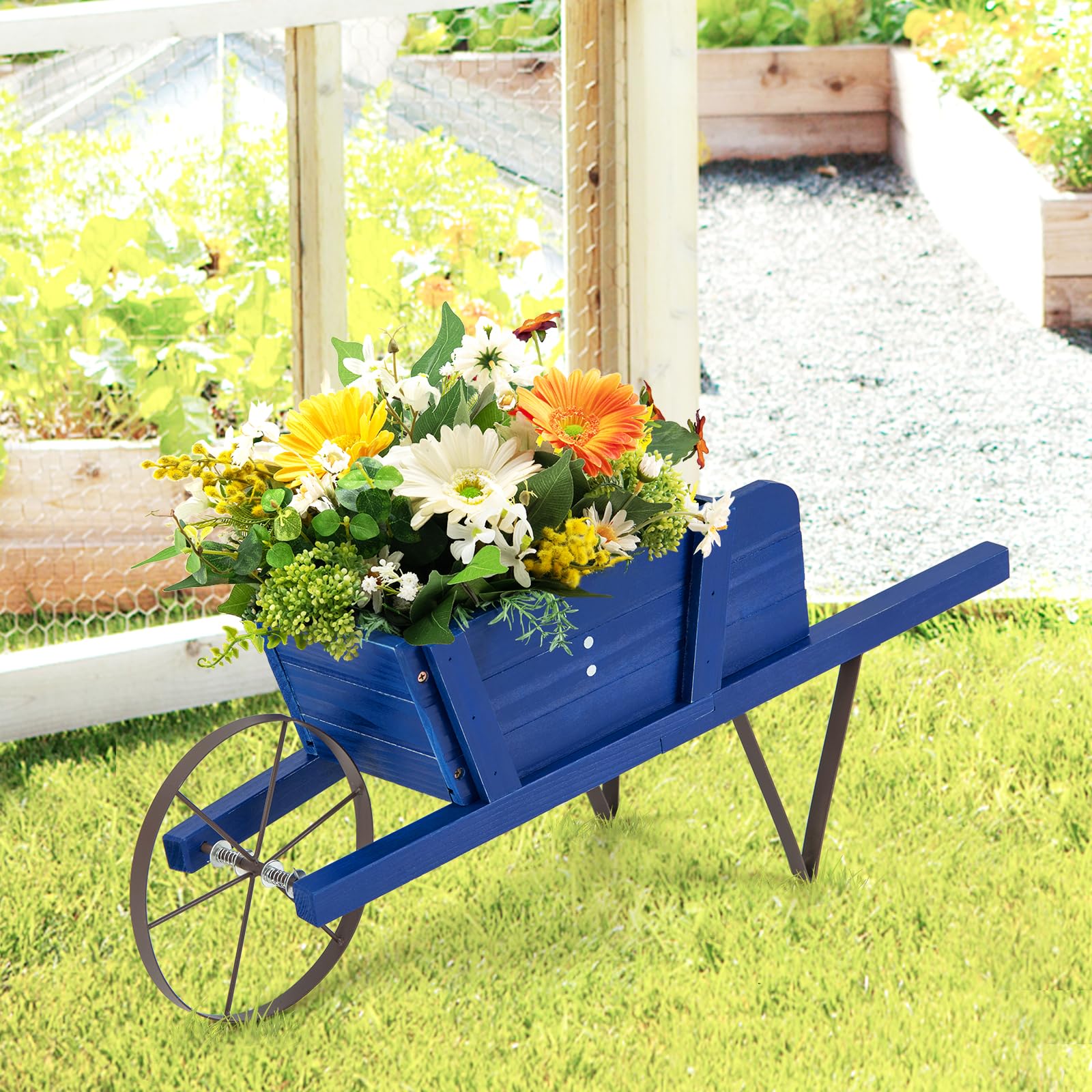 Giantex Wooden Wagon Planter, Small Wheelbarrow Wagon Flower, Indoor & Outdoor Raised Bed 