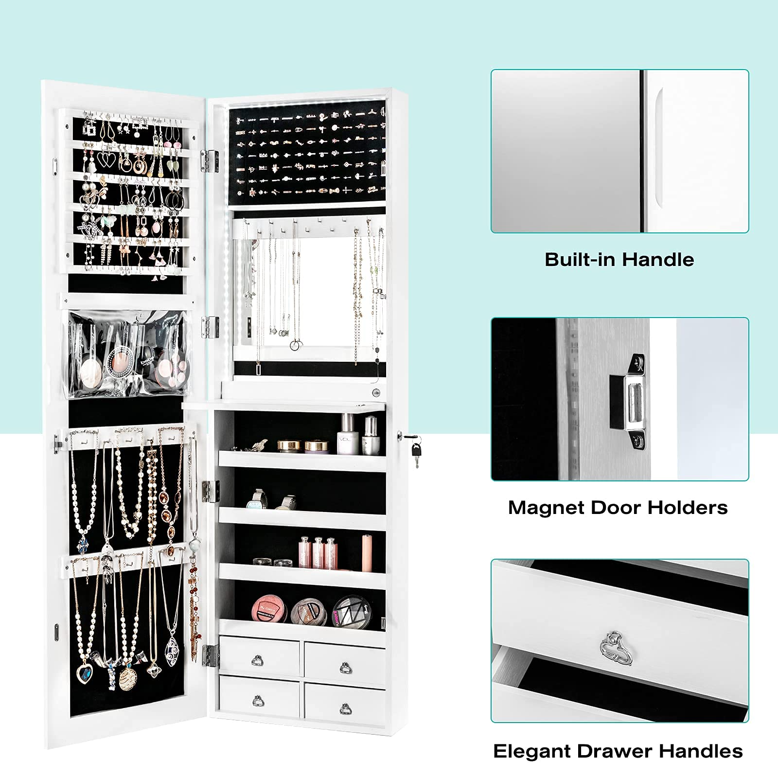 CHARMAID LED Strip Jewelry Armoire with 47.2" H Full Length Mirror 