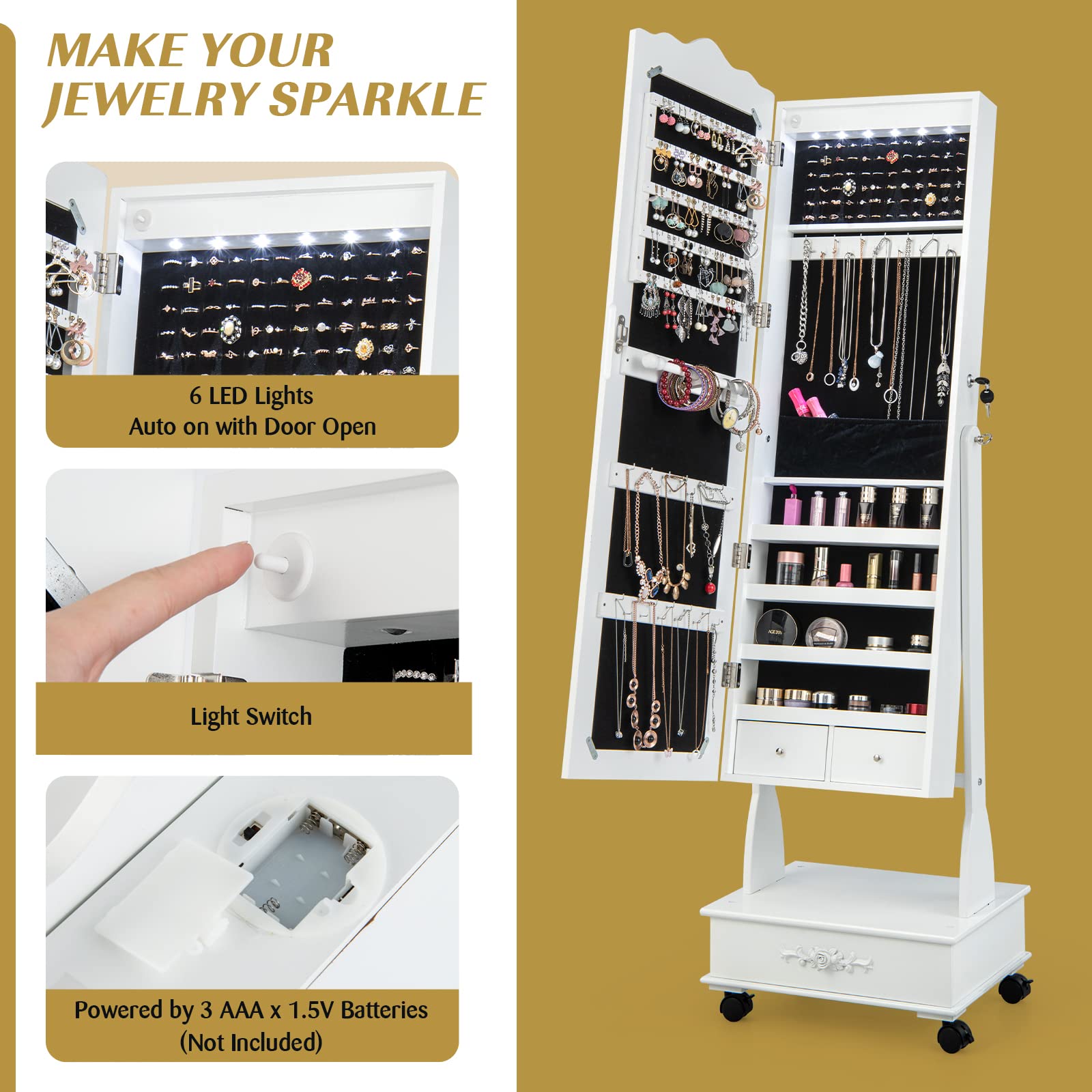 CHARMAID 6 LEDs Rolling Jewelry Cabinet with High Full Length Mirror, Lockable Standing Jewelry Armoire with Wheels 