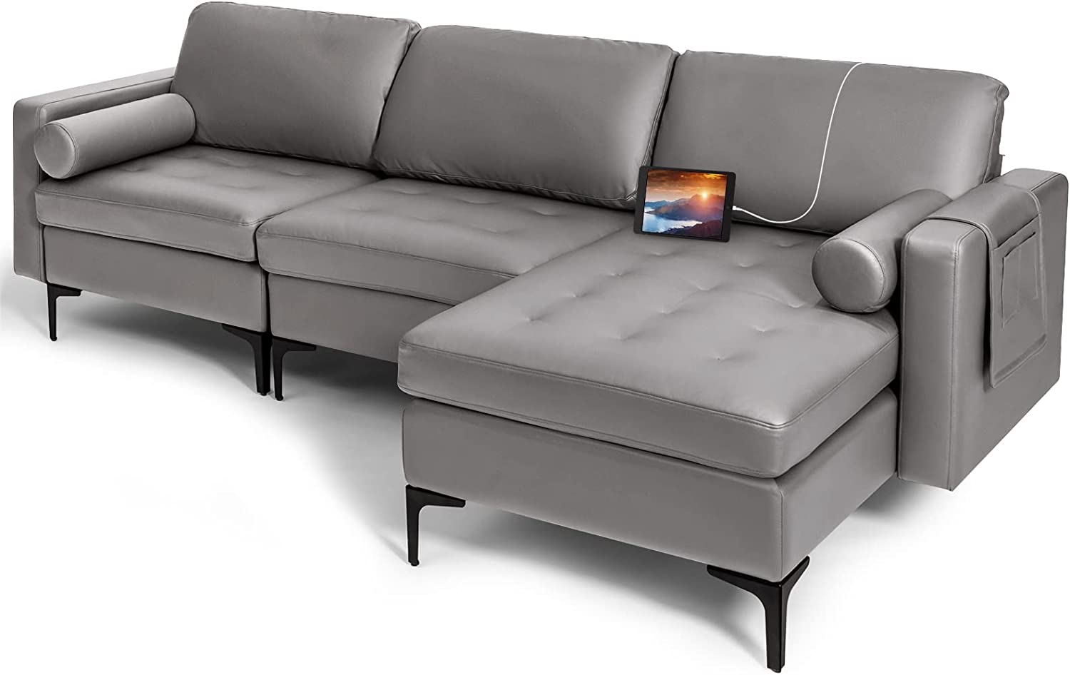 Giantex 97" Large Couch, 3 Seat Sectional Sofa Set, L-Shaped Modular Sleeper with Chaise Lounge & USB Port & Socket 