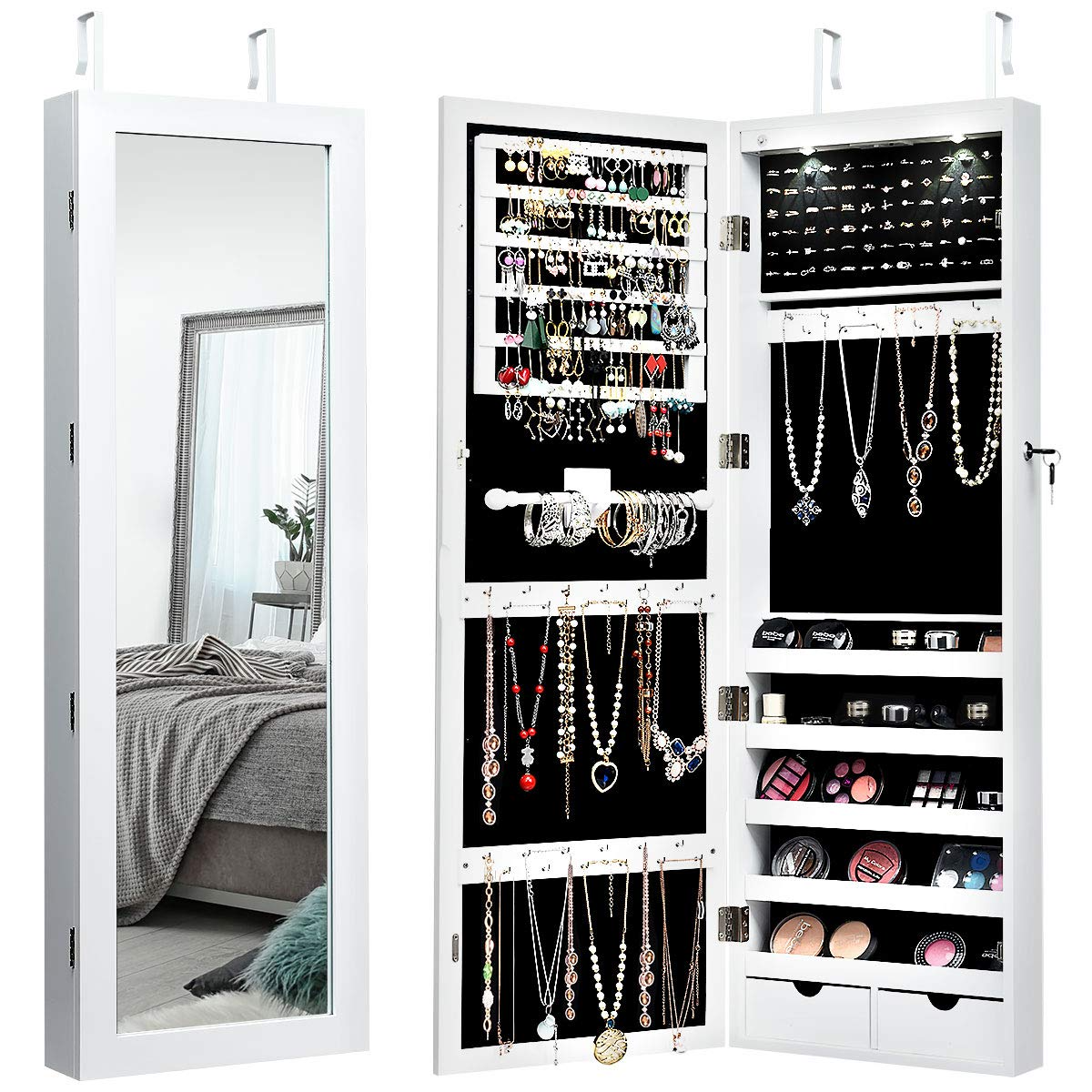 Wall/Door Mounted Jewelry Armoire Organizer with 2 LED Lights