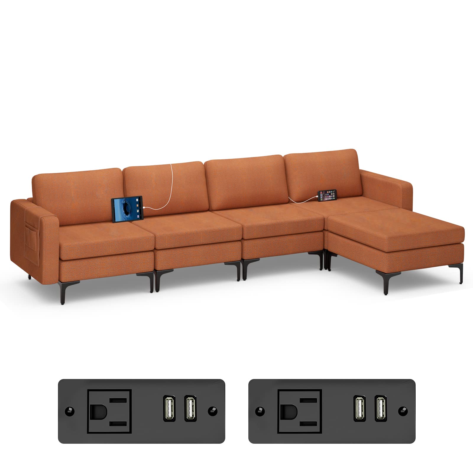 Giantex 4 Seat Convertible Sofa Couch, 123" L Sectional Sleeper with 2 or 1 USB Ports Socket 
