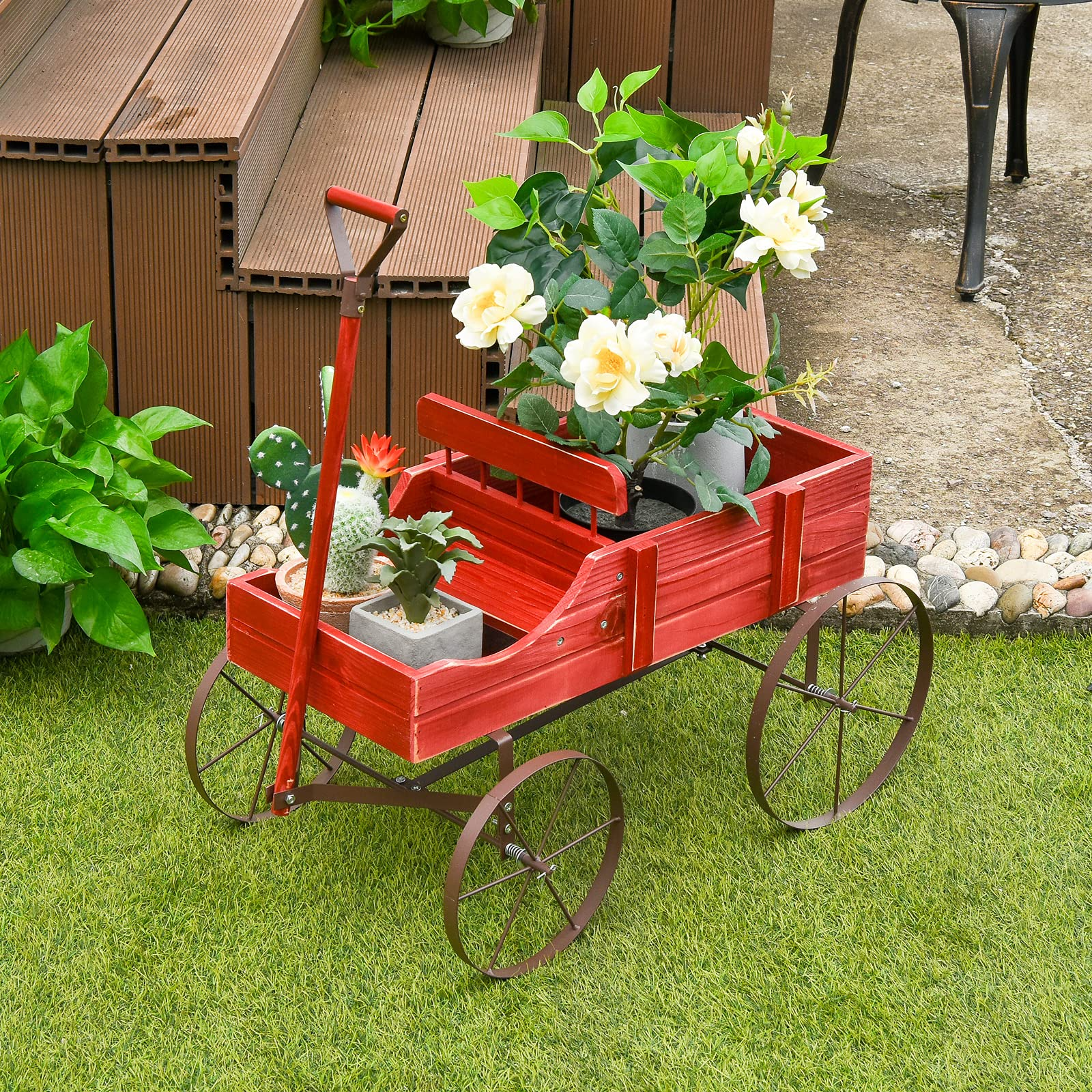 Giantex Decorative Garden Planter, Small Wagon Cart with Metal Wheels, Wood Raised Beds Plant Pot Stand for Backyard Garden Patio 24.5"x13.5"x24" 