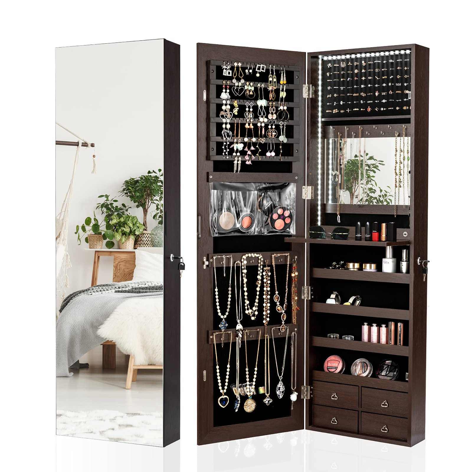 CHARMAID LED Strip Jewelry Armoire with 47.2" H Full Length Mirror 