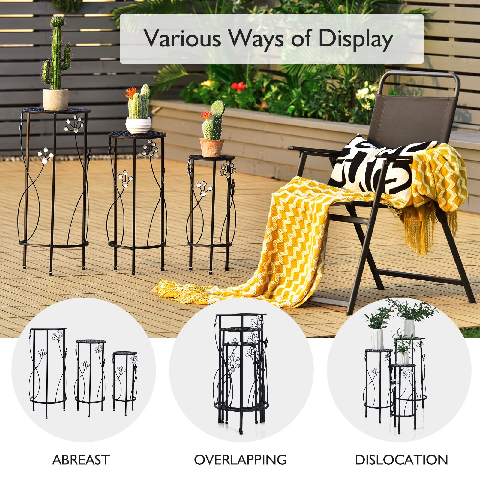 3 Pieces Flower Pots Display Rack with Vines and Crystal Floral Design 