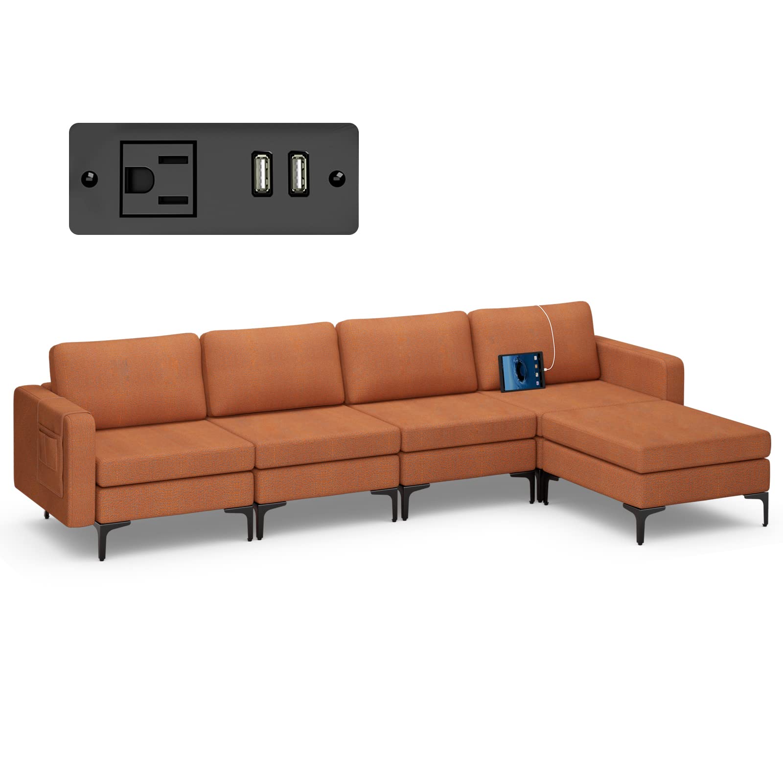 Giantex 4 Seat Convertible Sofa Couch, 123" L Sectional Sleeper with 2 or 1 USB Ports Socket 