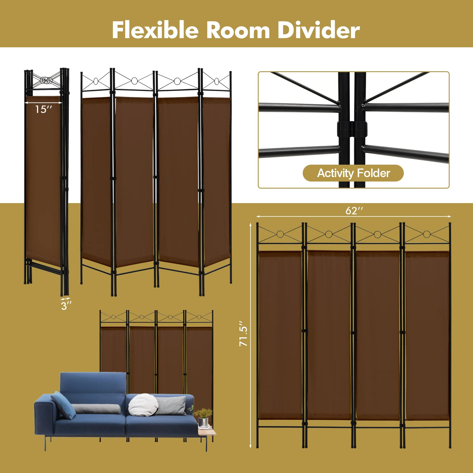 4 Panel Room Divider | 6 Ft Steel Frame Folding Privacy Screen