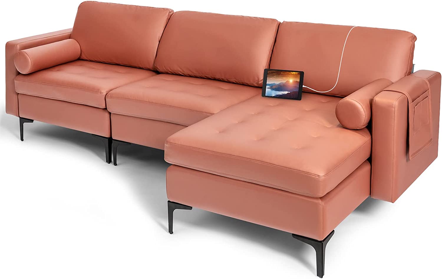 Giantex 97" Large Couch, 3 Seat Sectional Sofa Set, L-Shaped Modular Sleeper with Chaise Lounge & USB Port & Socket 