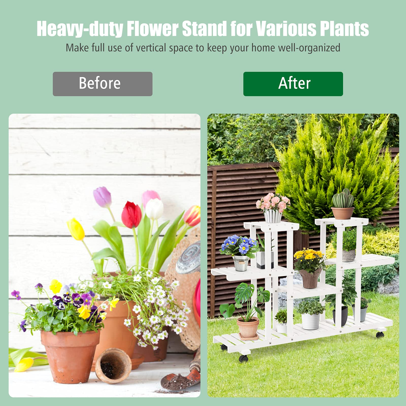 Giantex Rolling Flower Rack Wood Plant Stand on Wheels 