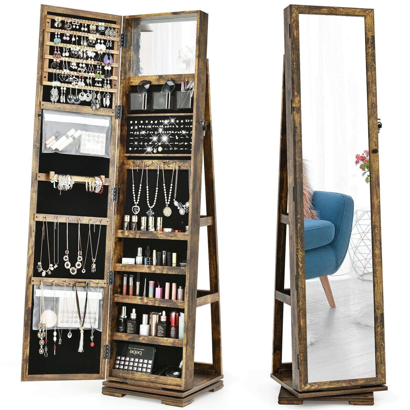 CHARMAID | 360-degree Rotating Jewelry Armoire with Higher Full Length Mirror 