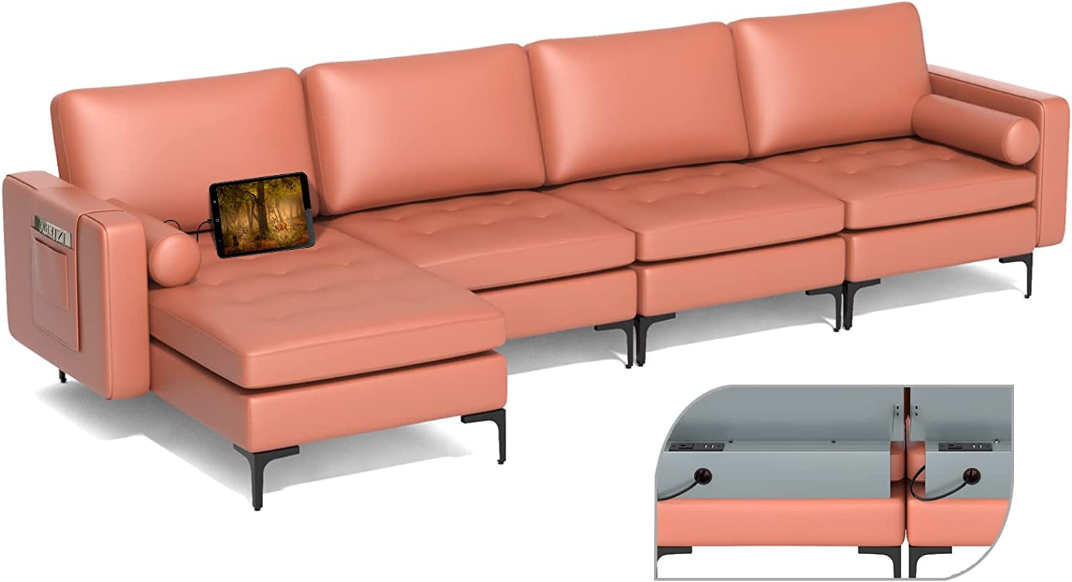 Giantex Sectional Sofa Couch, Convertible Sleeper with 2 or 1 USB Ports Socket 