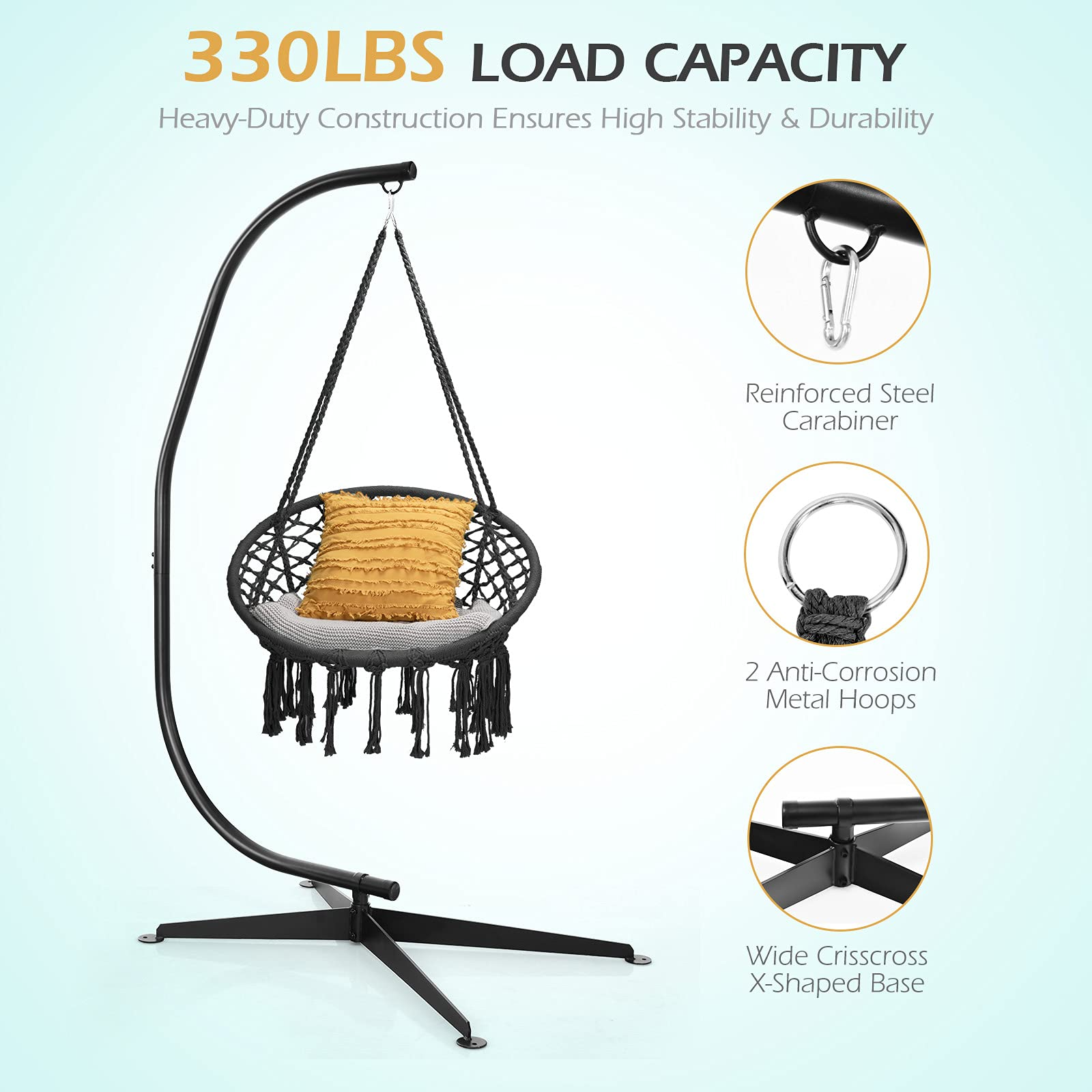 Giantex Hammock Chair with Stand, Solid Steel Heavy Duty C Stand with Macrame Hanging Chair 