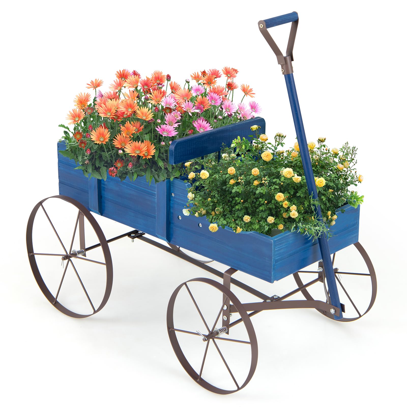 Giantex Decorative Garden Planter, Small Wagon Cart with Metal Wheels, Wood Raised Beds Plant Pot Stand for Backyard Garden Patio 24.5"x13.5"x24" 