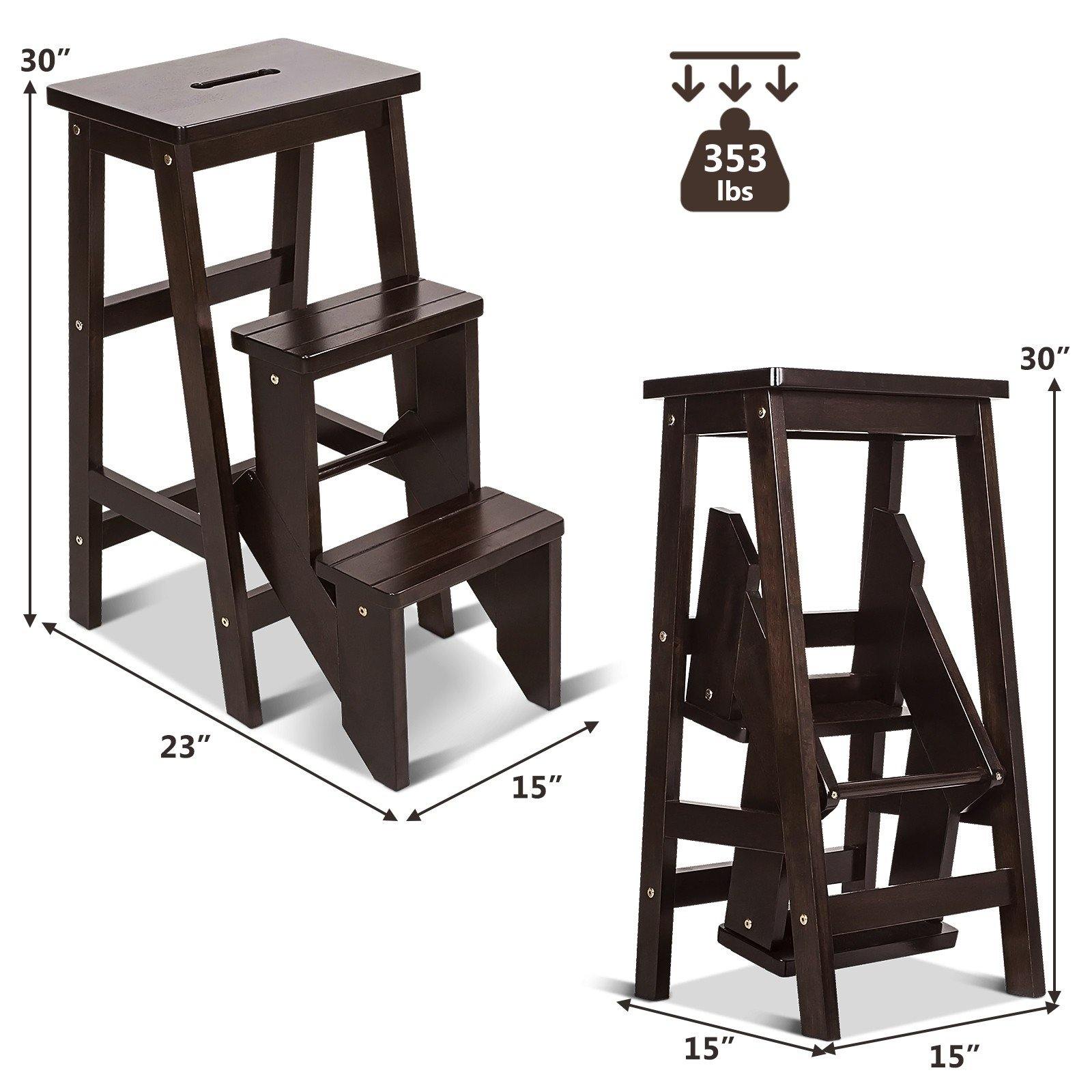 3 Tier Folding Step Ladder, Multifunction 3-in-1 Wood Step Stool 