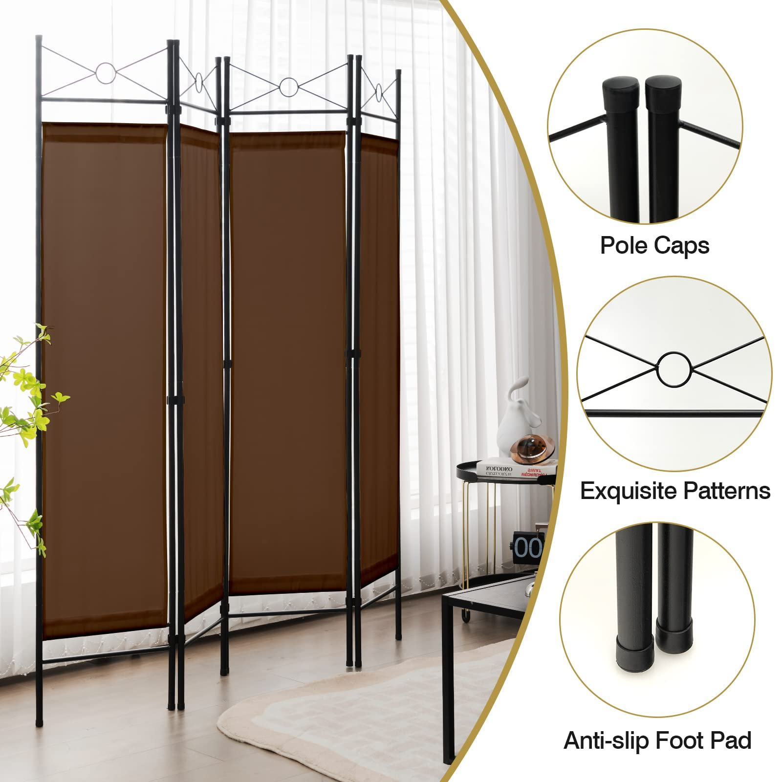 4 Panel Room Divider | 6 Ft Steel Frame Folding Privacy Screen