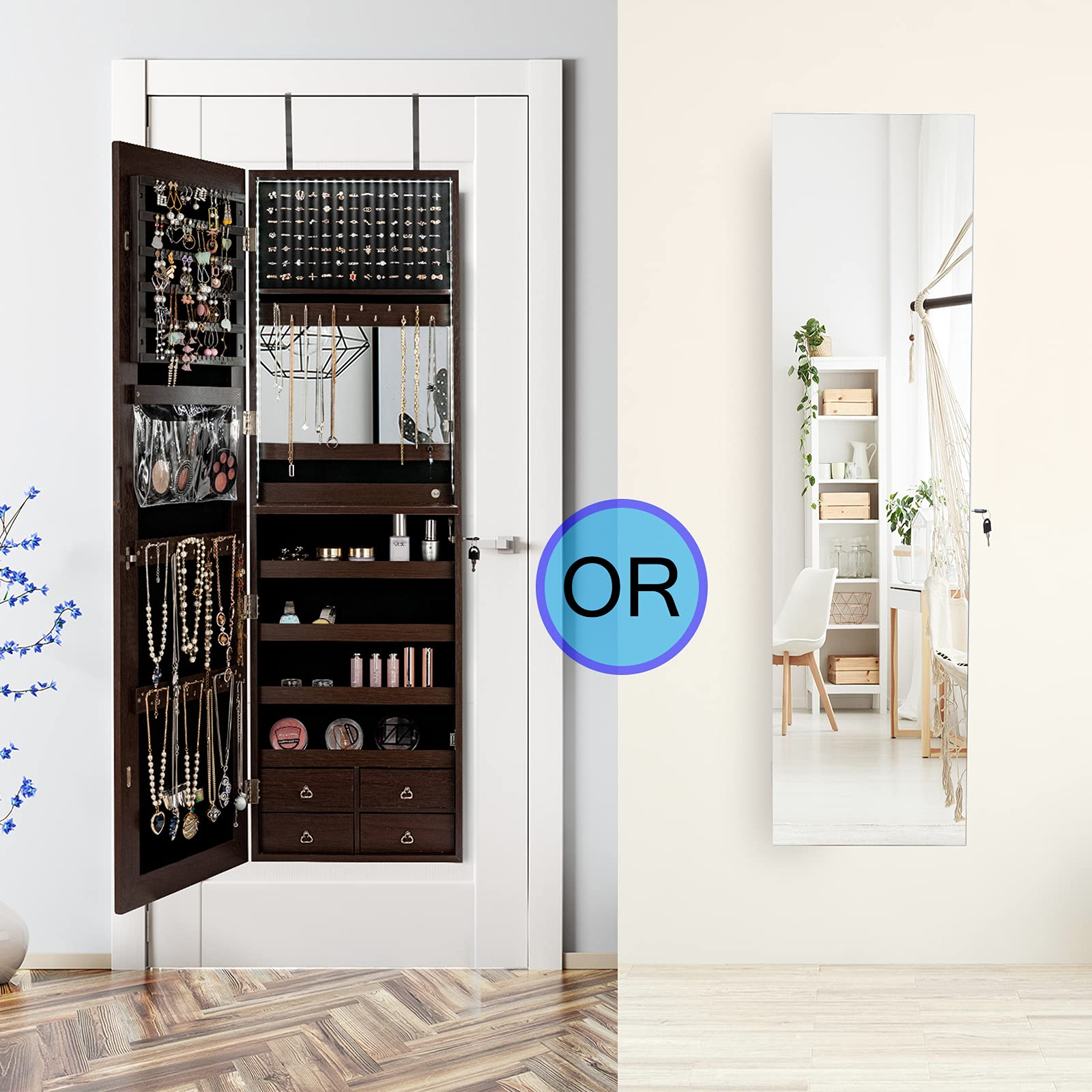 CHARMAID LED Strip Jewelry Armoire with 47.2" H Full Length Mirror 